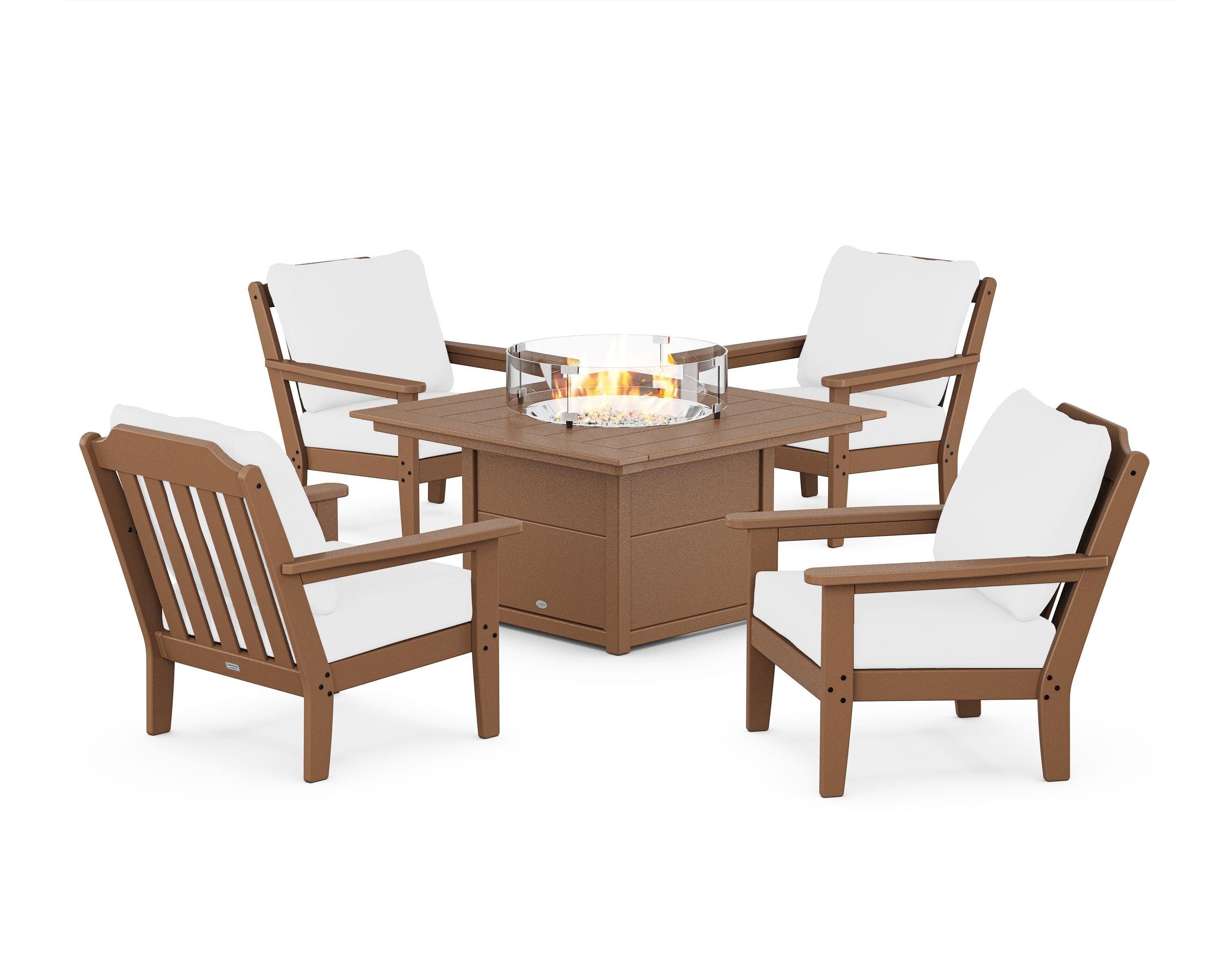 Country Living Cottage 5-Piece Deep Seating Set with Fire Pit Table in Teak / Natural