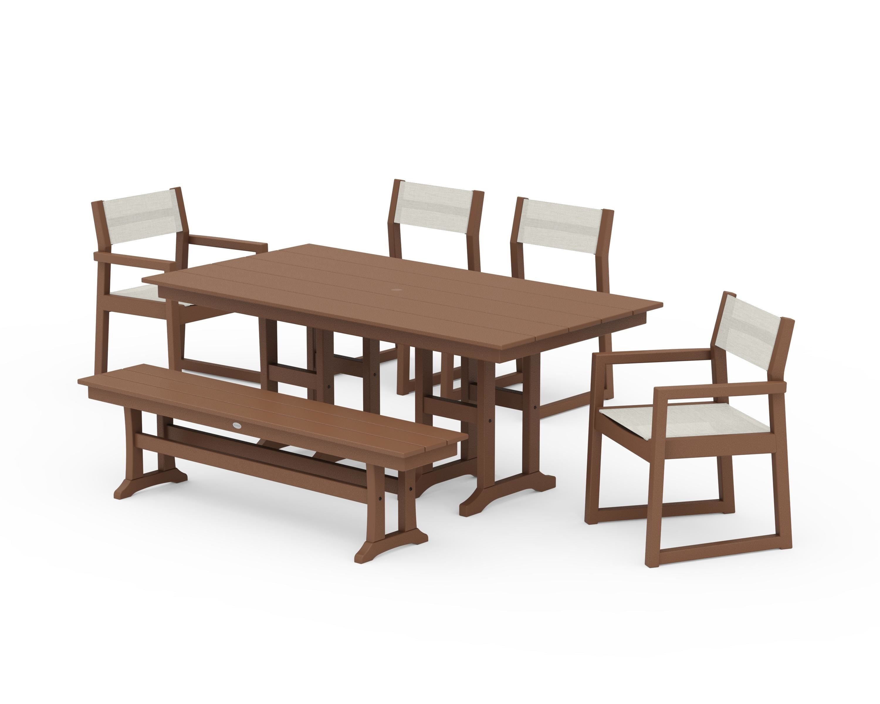 POLYWOOD EDGE Sling 6-Piece Farmhouse Dining Set in Teak / Parchment Sling