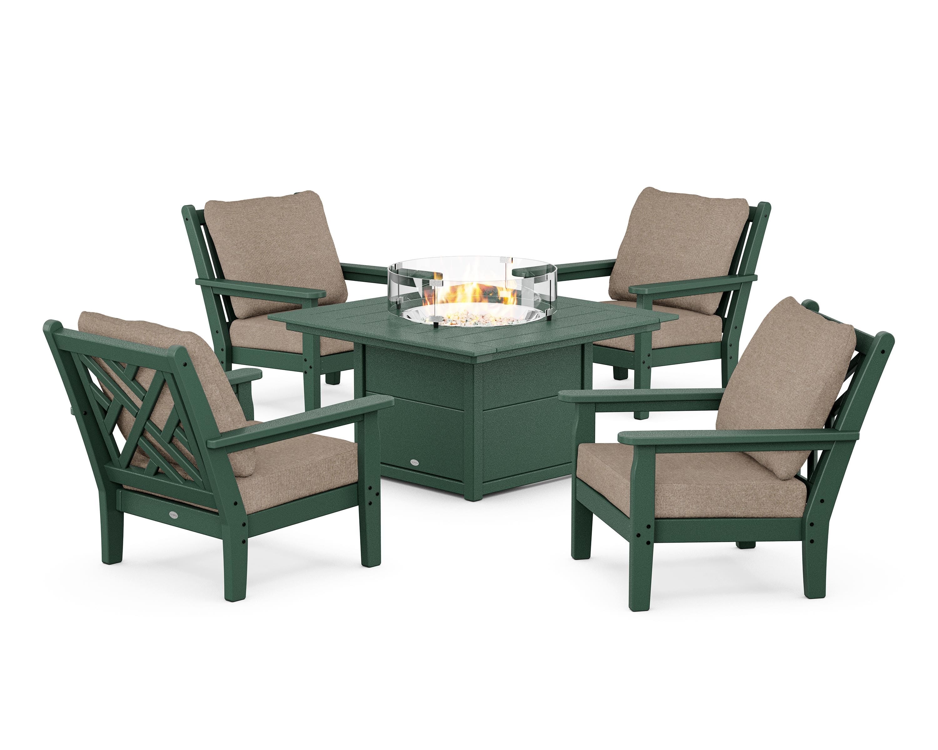 POLYWOOD Chippendale 5-Piece Deep Seating Set with Fire Pit Table in Green / Spiced Burlap