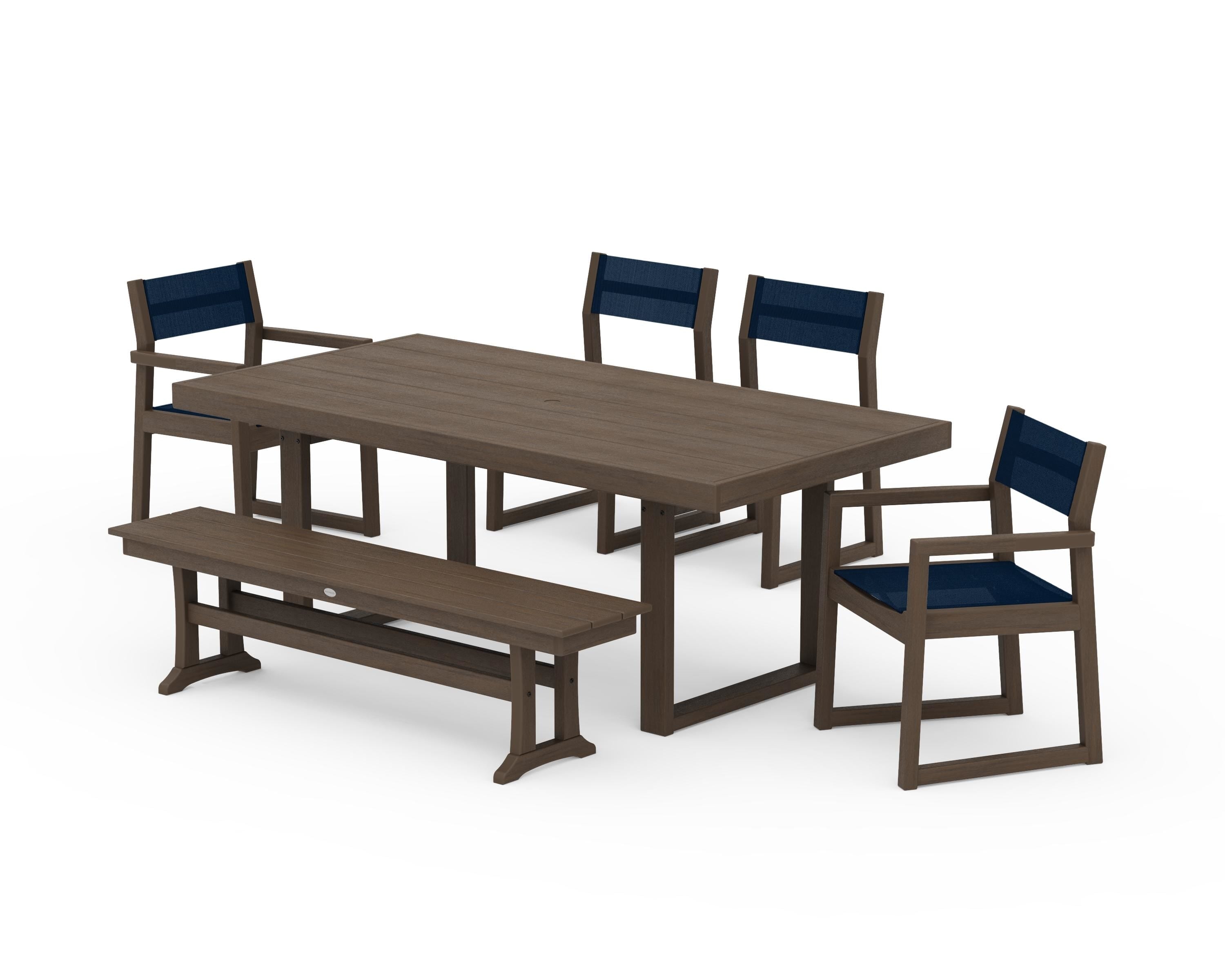 POLYWOOD EDGE Sling 6-Piece Dining Set with Bench in Kona / Navy Blue Sling