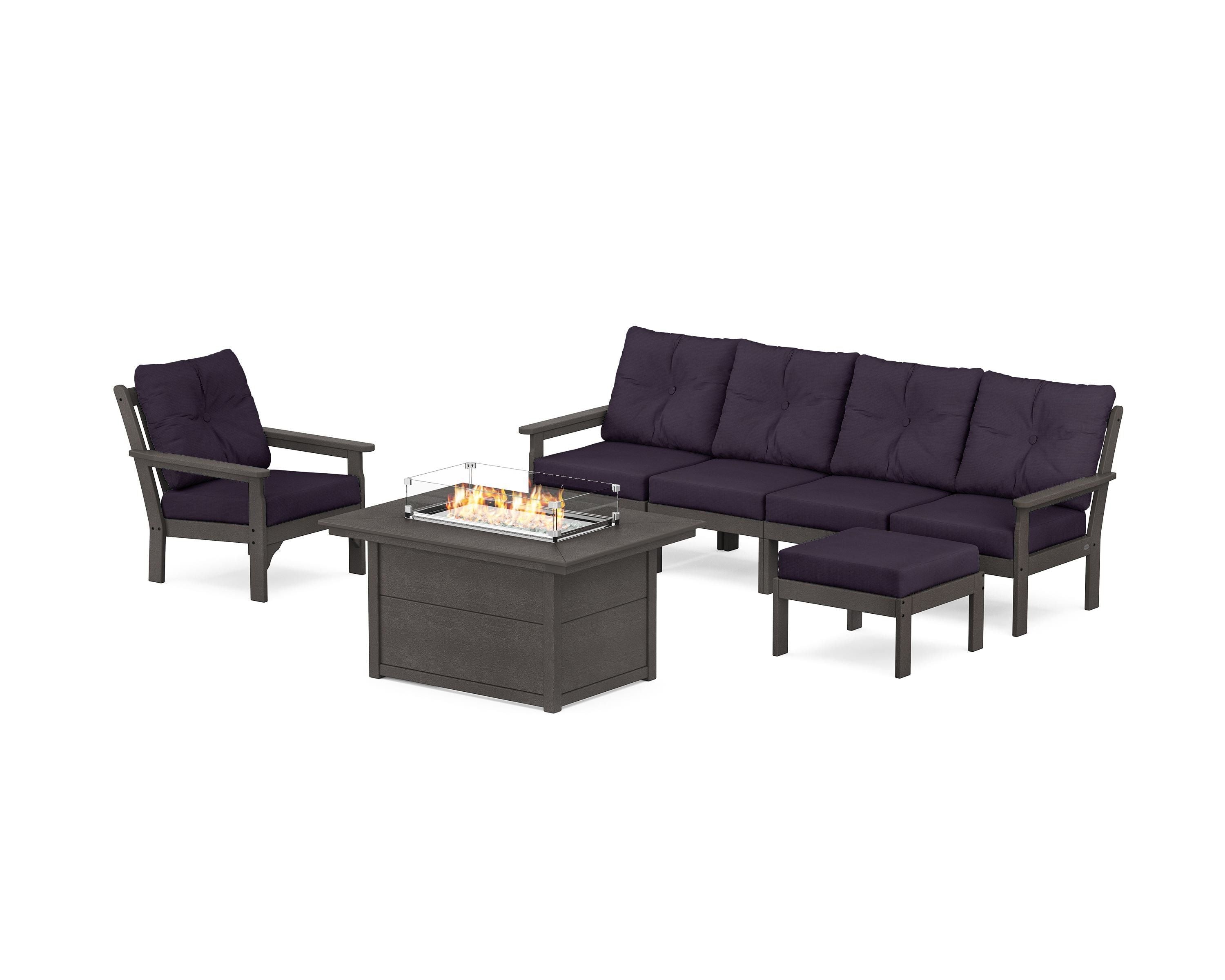 POLYWOOD Vineyard Sectional Lounge and Fire Pit Set in Vintage Coffee / Navy Linen