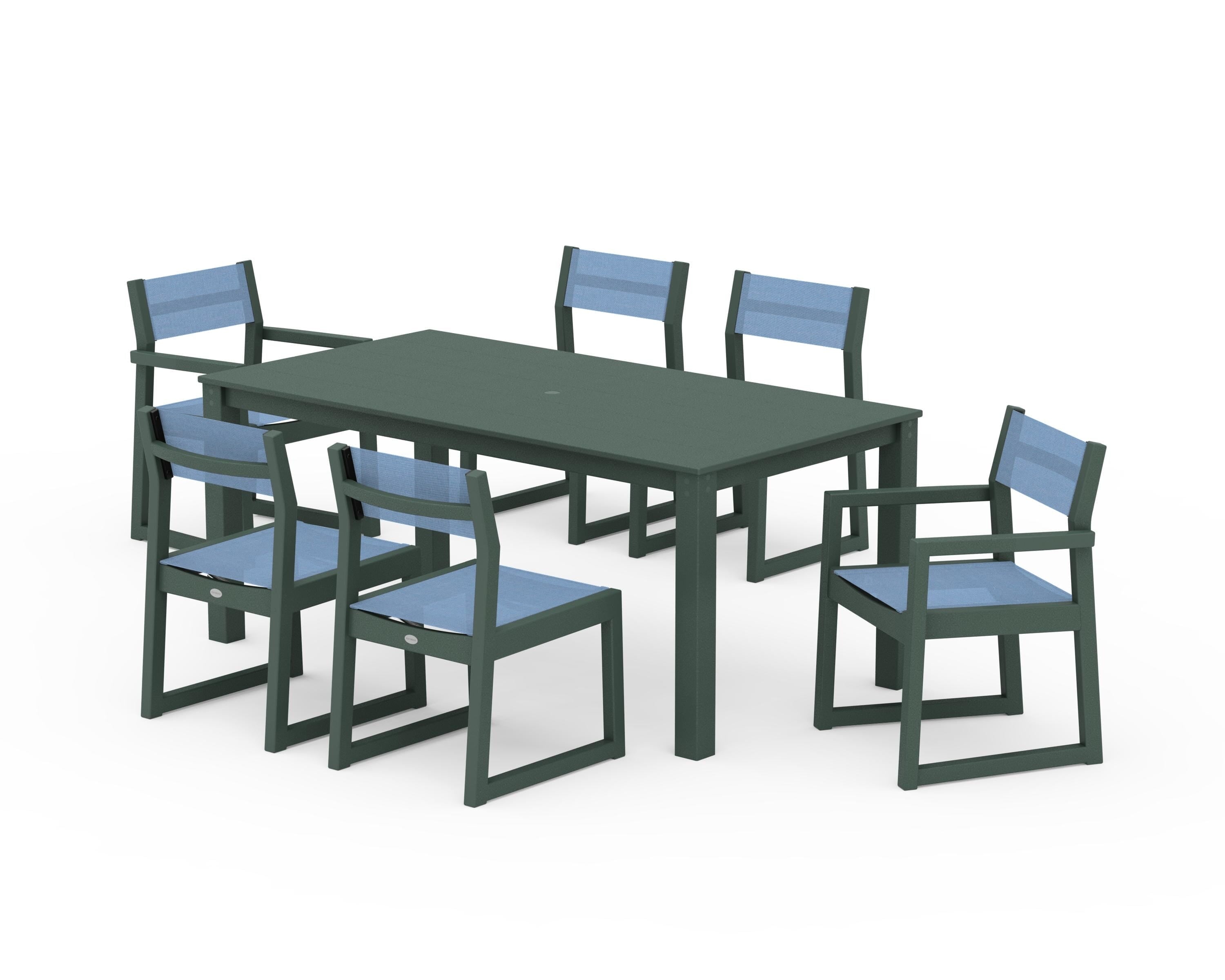 POLYWOOD EDGE Sling 7-Piece Parsons Dining Set in Green / Poolside Sling