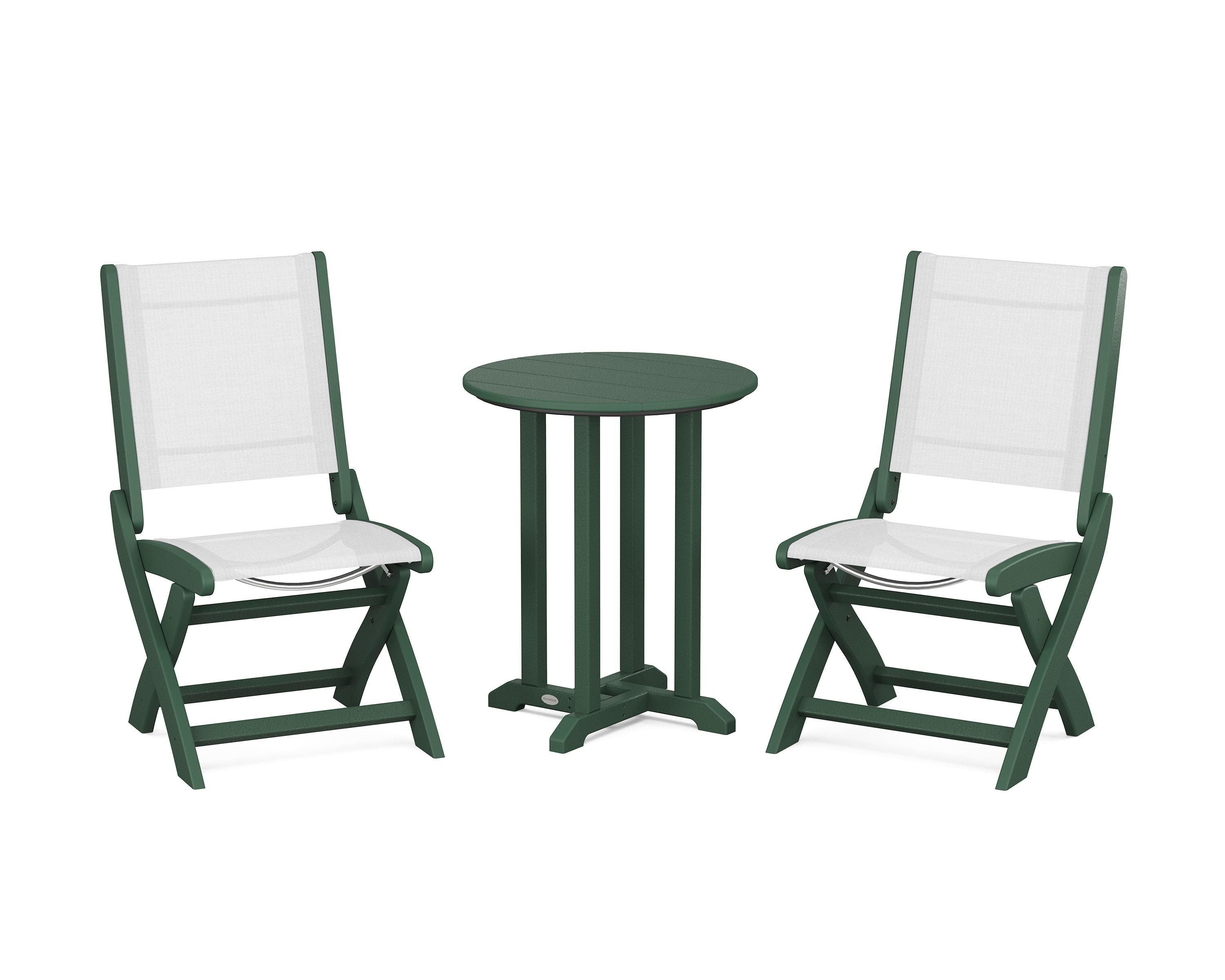 POLYWOOD Coastal Folding Side Chair 3-Piece Round Bistro Dining Set in Green / White Sling