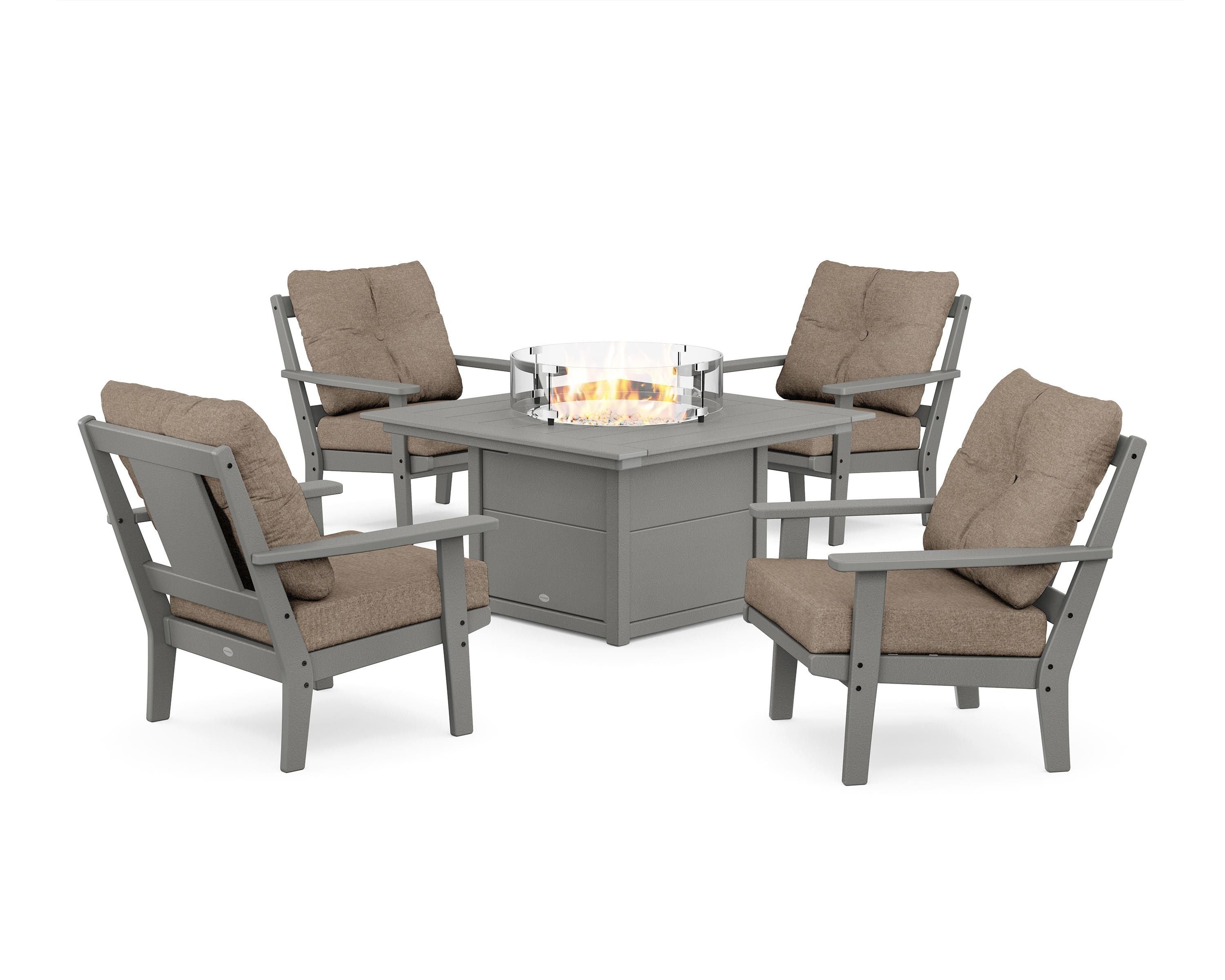 POLYWOOD Prairie 5-Piece Deep Seating Set with Fire Pit Table in Slate Grey / Spiced Burlap