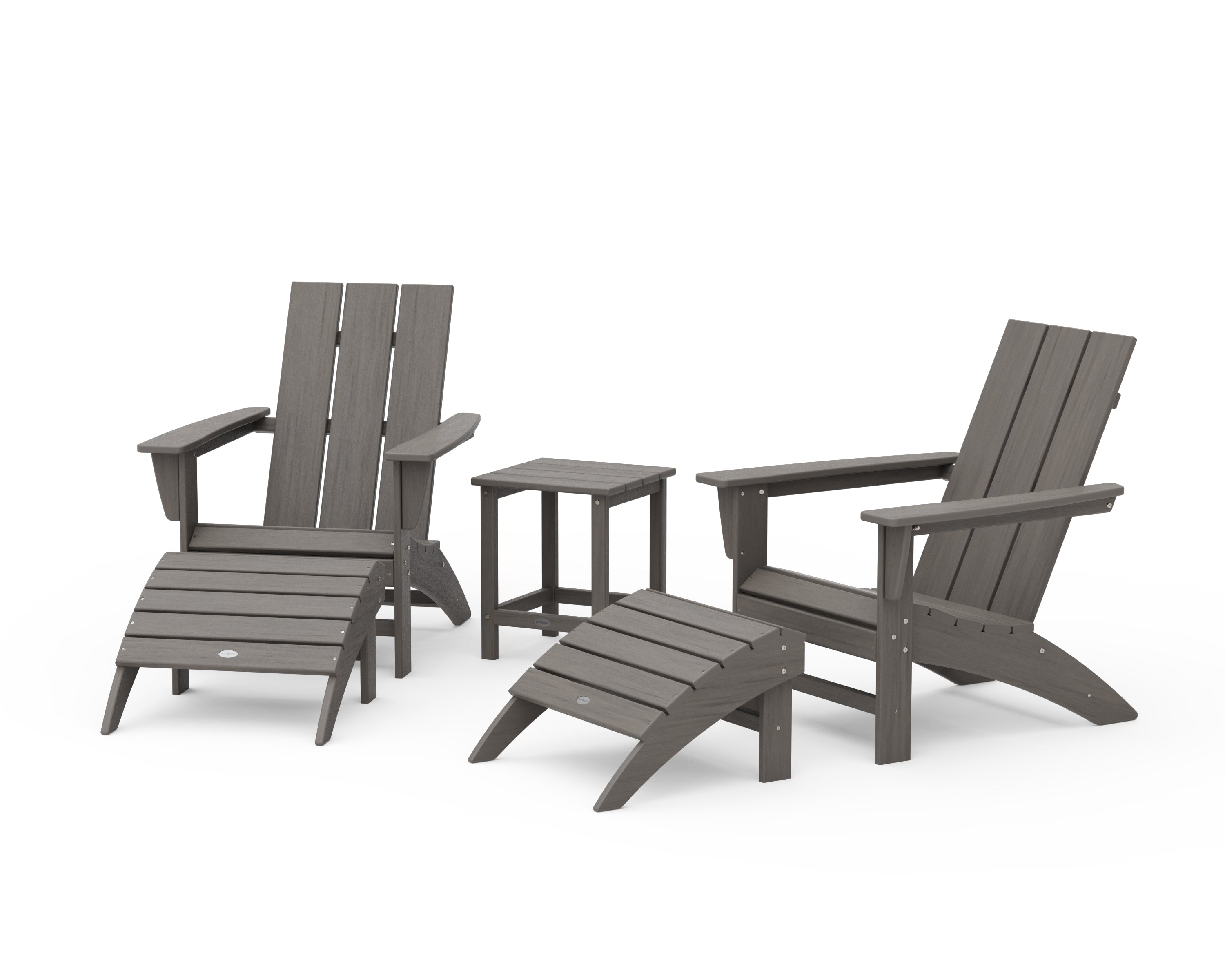 POLYWOOD Modern Adirondack Chair 5-Piece Set with Ottomans and 18" Side Table in Driftwood