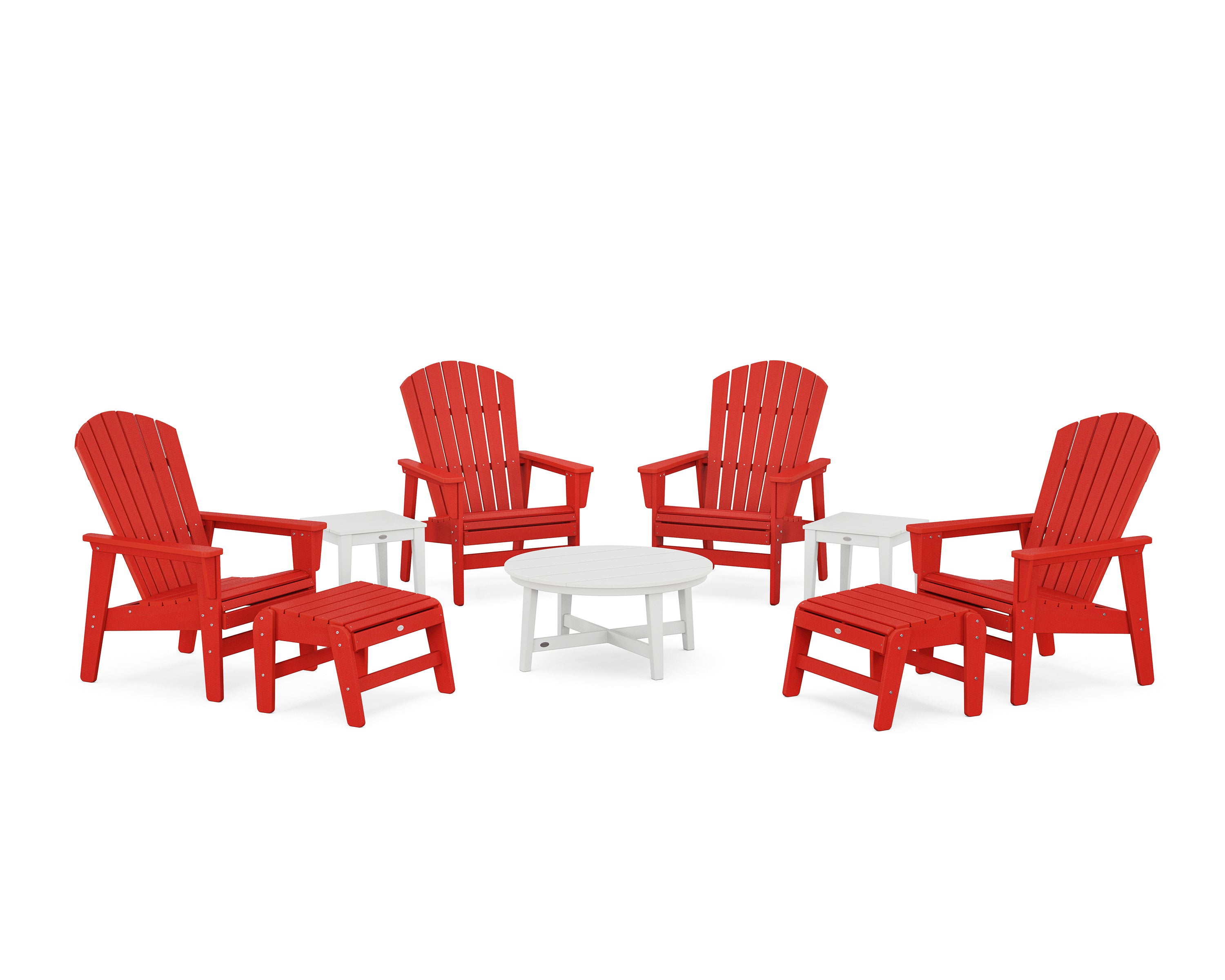 POLYWOOD® Nautical Grand Upright Adirondack 9-Piece Conversation Set in Sunset Red / White