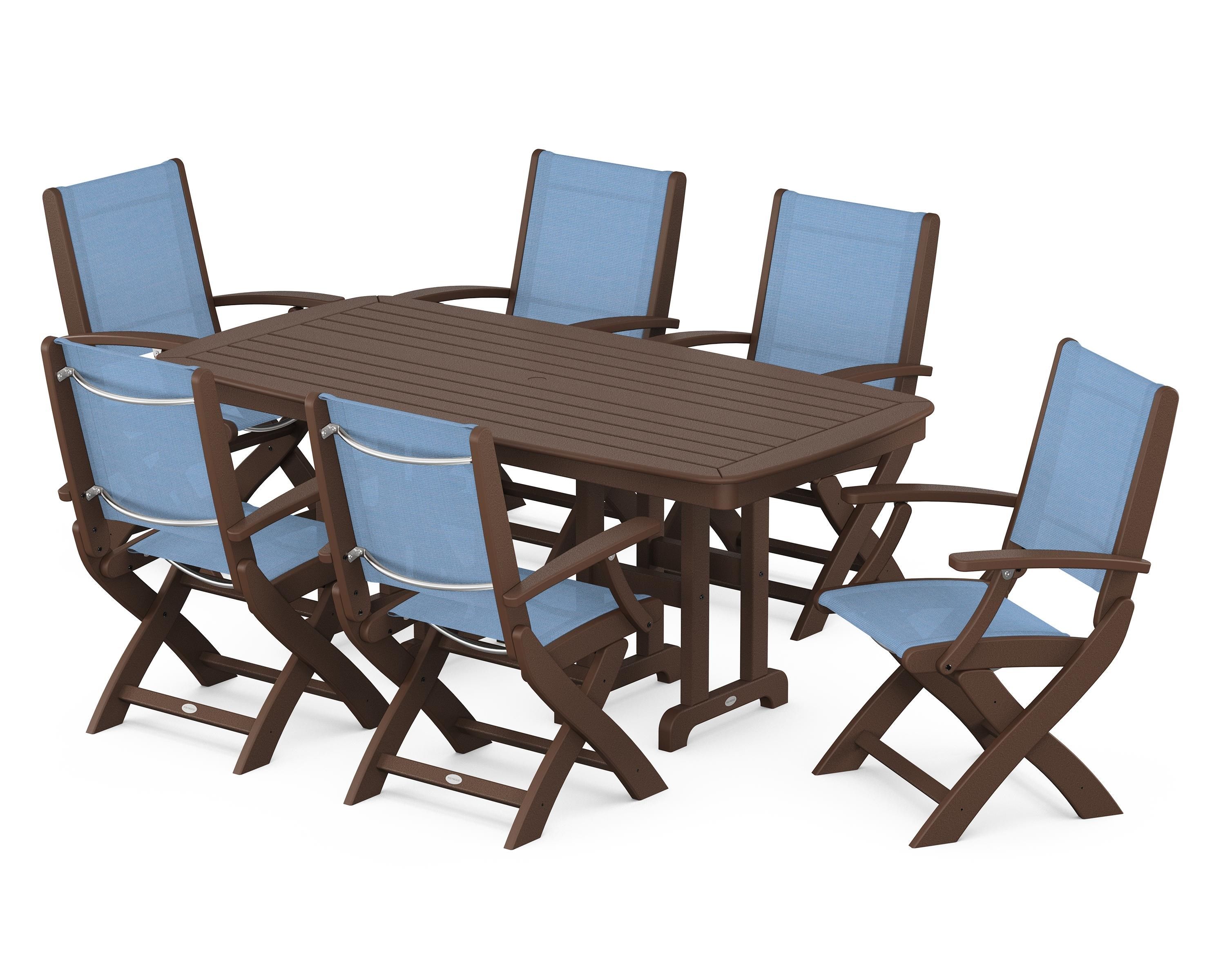 POLYWOOD Coastal Folding Arm Chair 7-Piece Dining Set in Mahogany / Poolside Sling