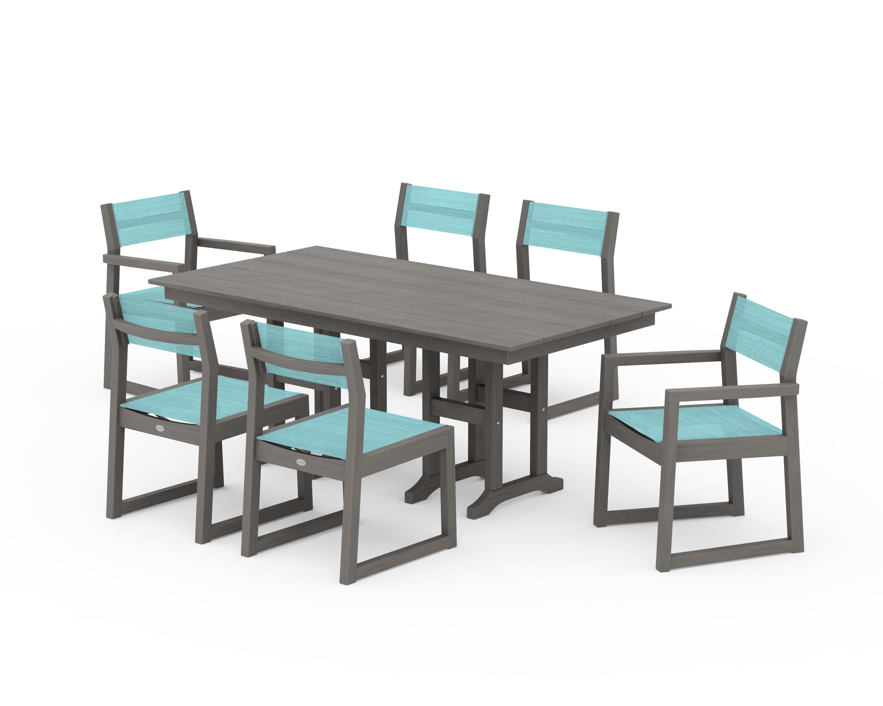 POLYWOOD EDGE Sling 7-Piece Farmhouse Dining Set in Driftwood / Dupioni Aquamarine Sling