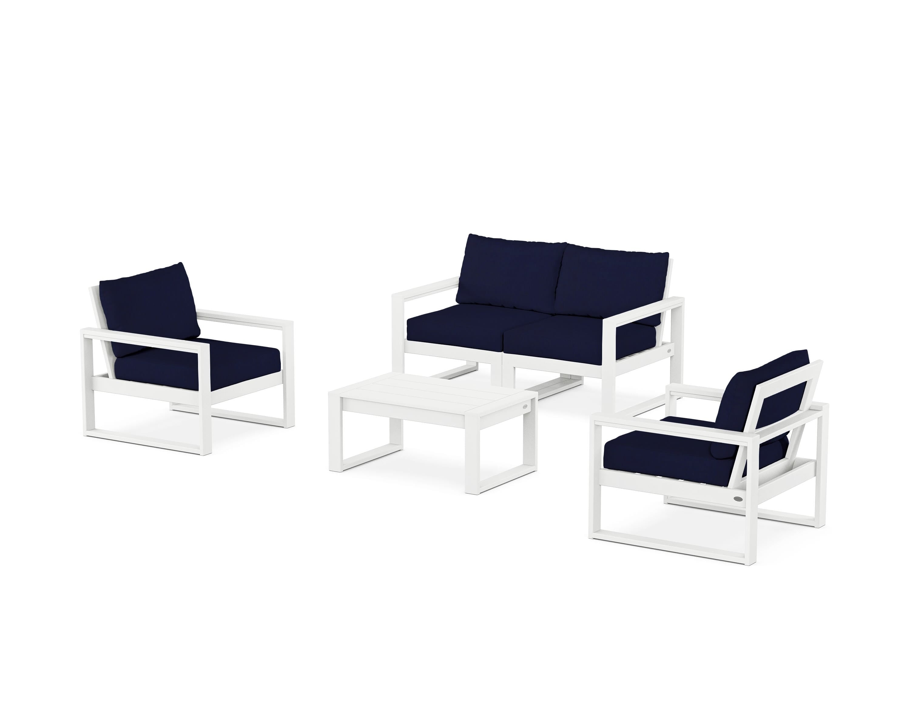 POLYWOOD EDGE Sectional 4-Piece Deep Seating Set with Loveseat in White / Navy