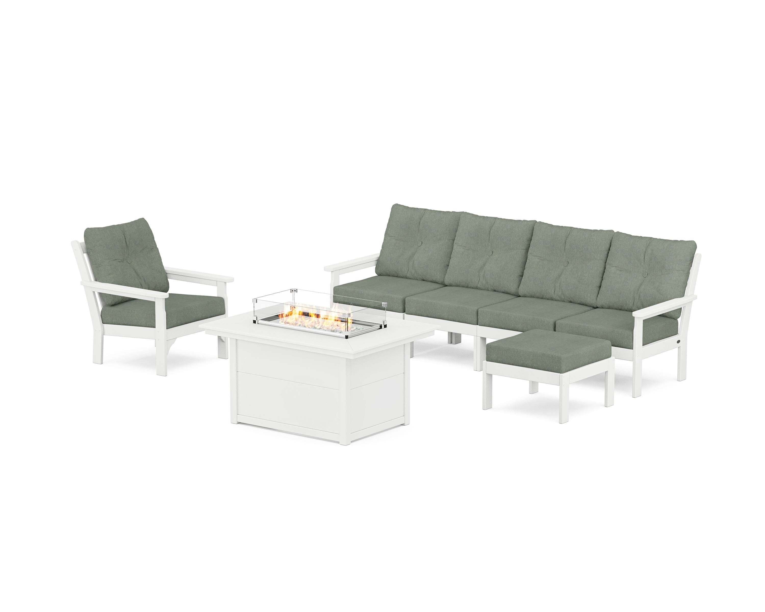 POLYWOOD Vineyard Sectional Lounge and Fire Pit Set in White / Cast Sage