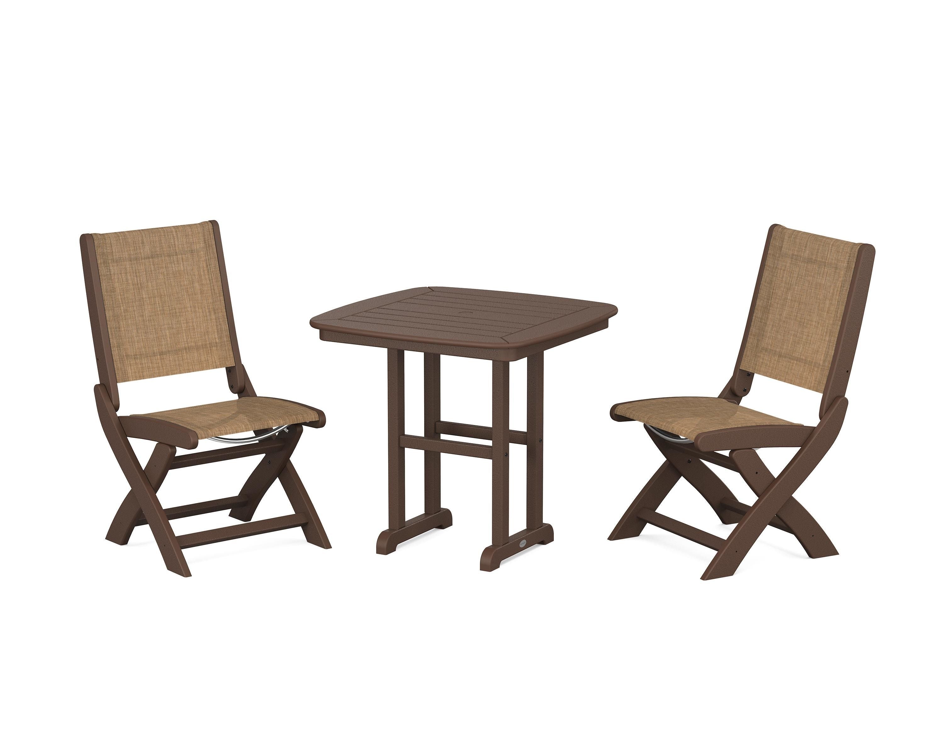 POLYWOOD Coastal Folding Side Chair 3-Piece Dining Set in Mahogany / Burlap Sling