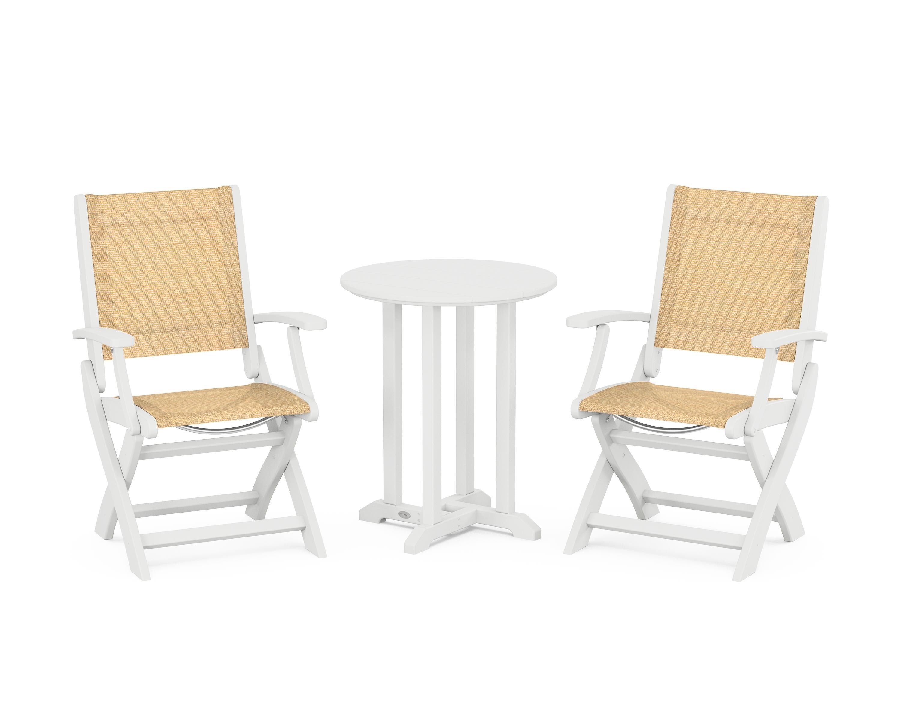 POLYWOOD Coastal Folding 3-Piece Round Bistro Dining Set in White / Dupioni Apricot Sling