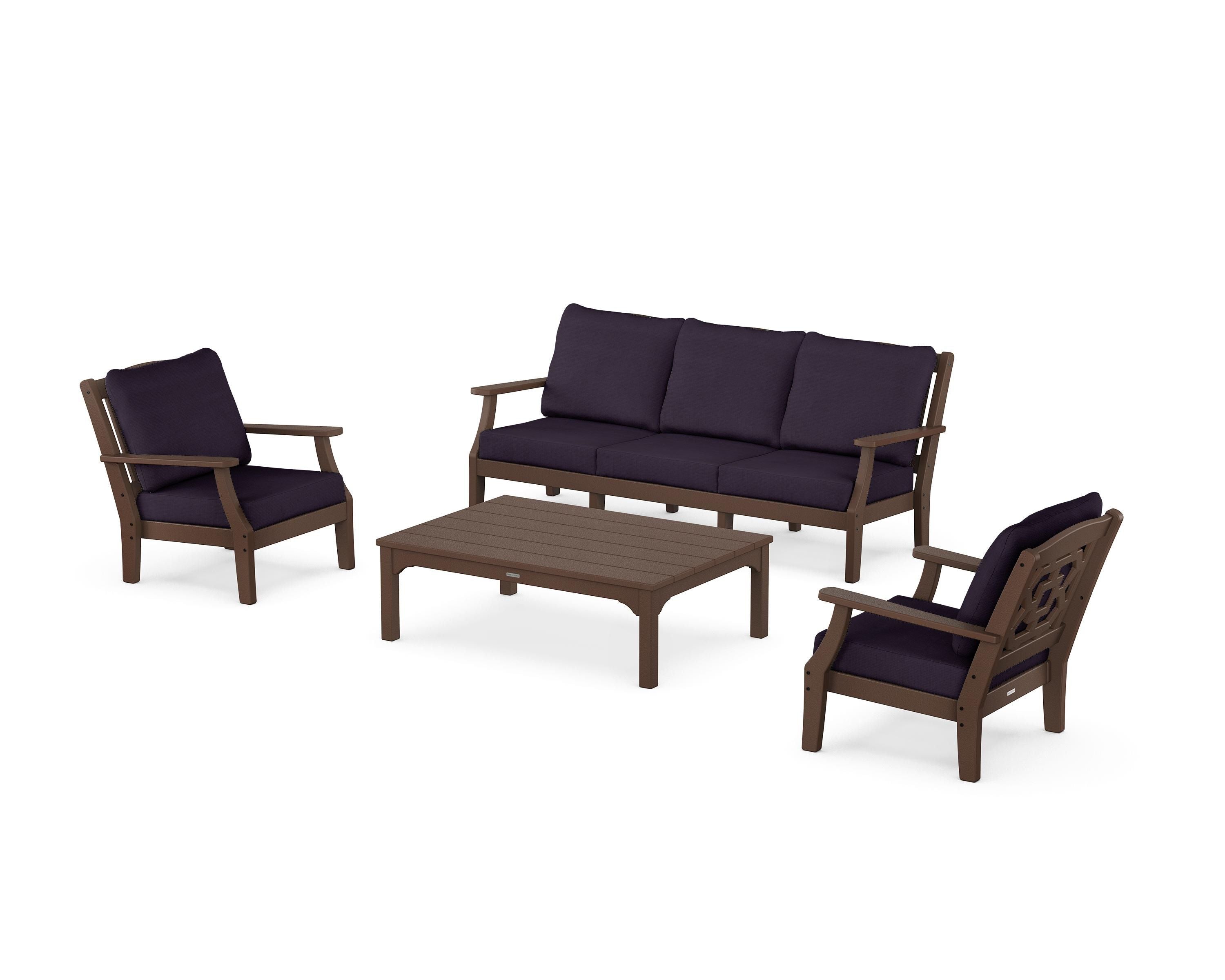 Martha Stewart by POLYWOOD Chinoiserie 4-Piece Deep Seating Set with Sofa in Mahogany / Navy Linen