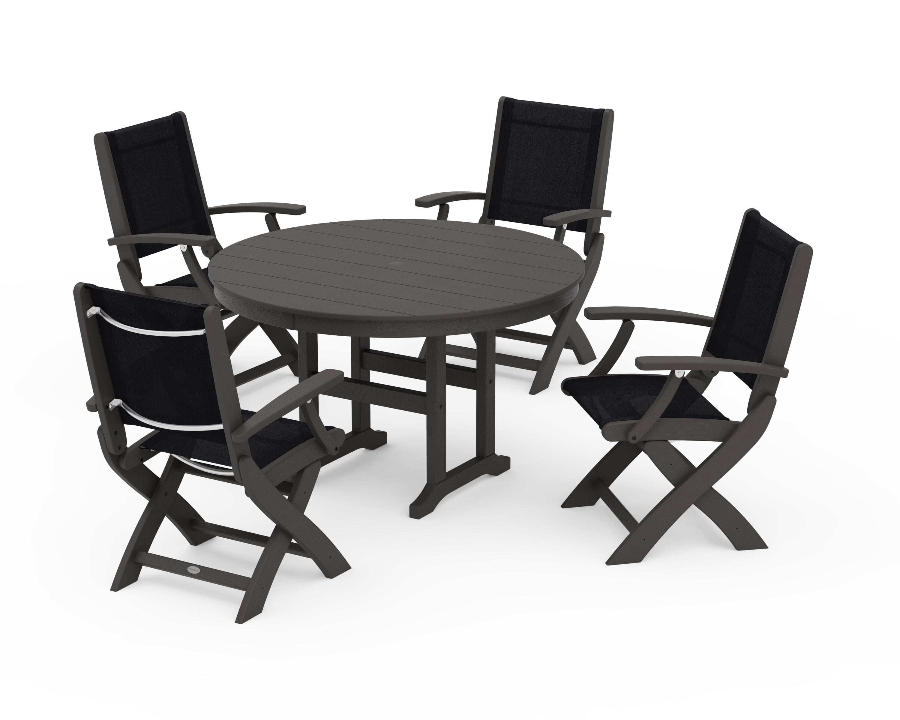 POLYWOOD Coastal Folding Chair 5-Piece Round Dining Set in Vintage Coffee / Black Sling
