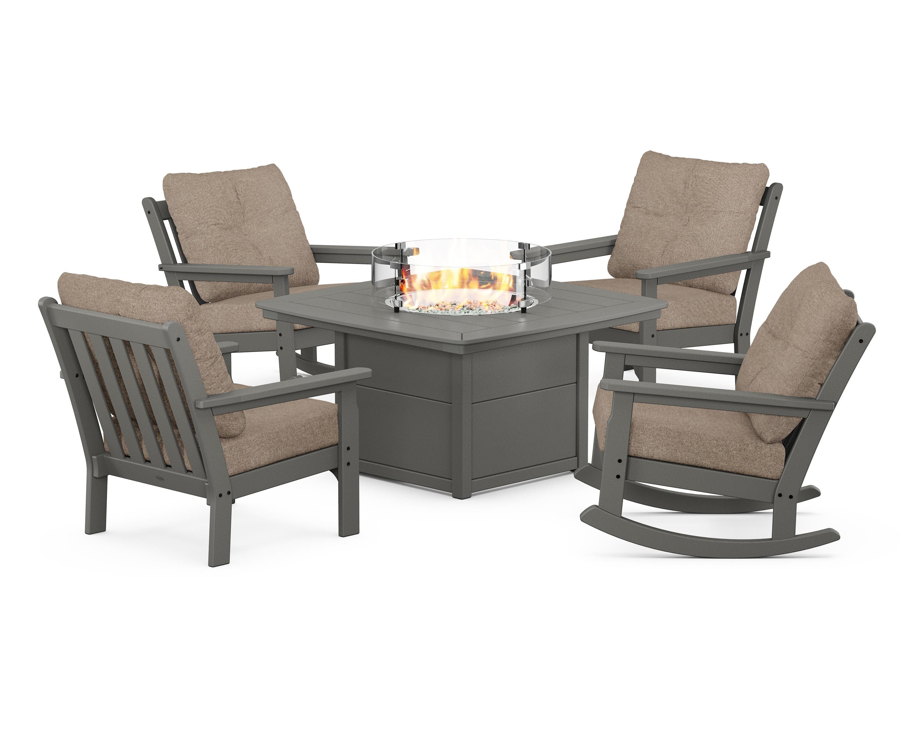 POLYWOOD Vineyard 5-Piece Deep Seating Rocking Chair Conversation Set with Fire Pit Table in Slate Grey / Spiced Burlap