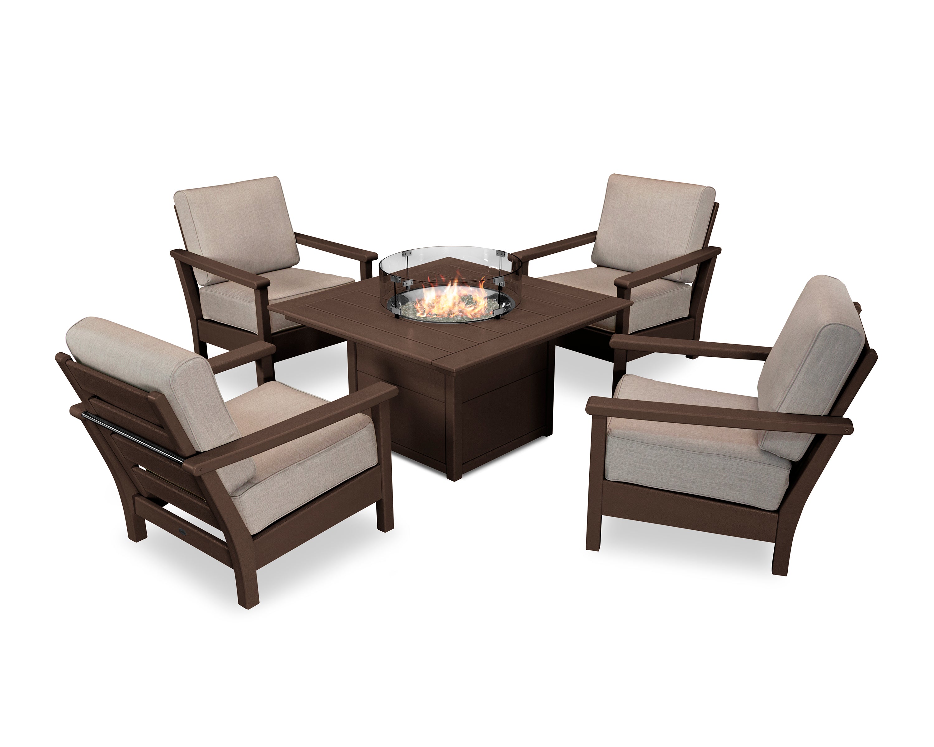 POLYWOOD Harbour 5-Piece Conversation Set with Fire Pit Table in Mahogany / Cast Ash