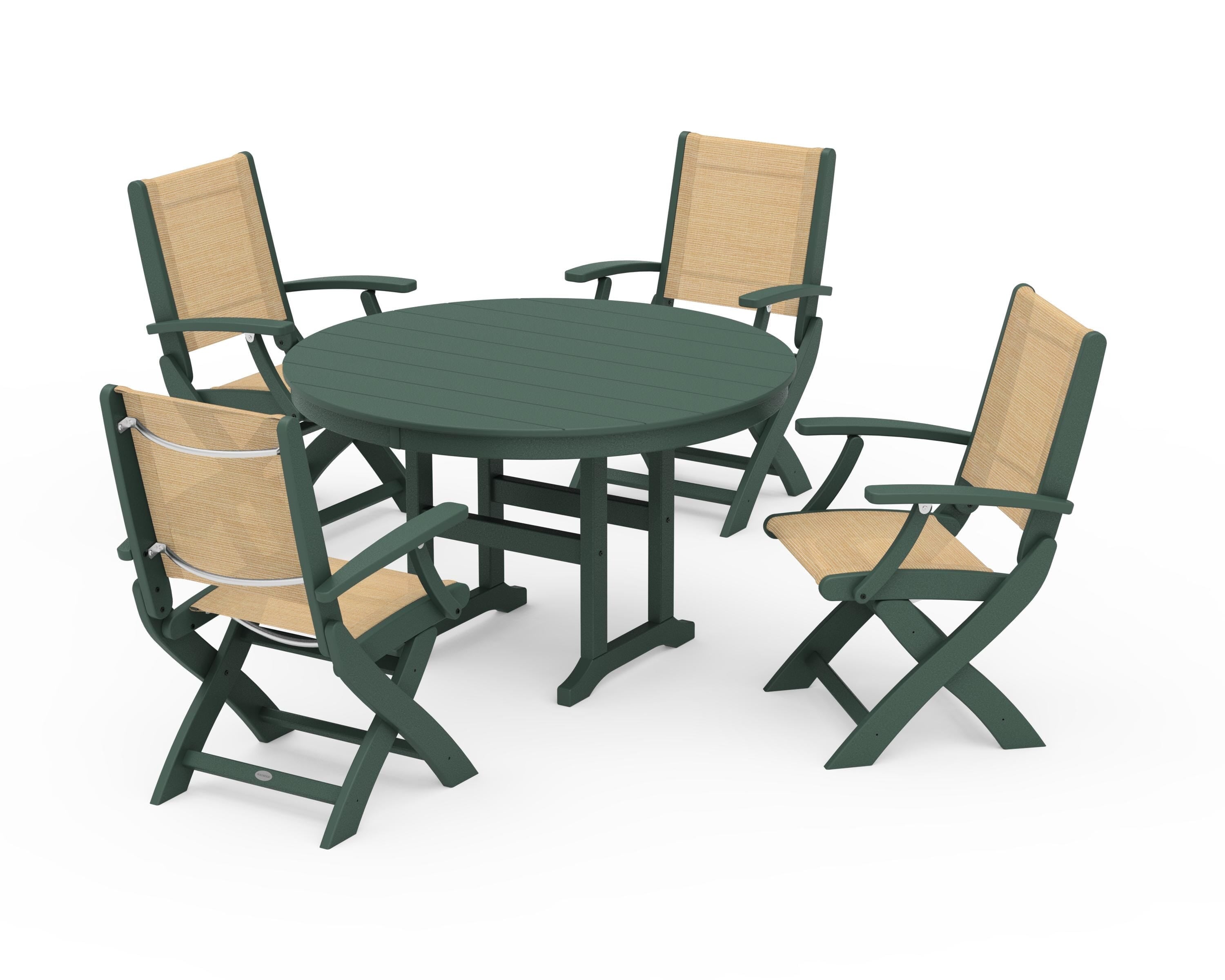 POLYWOOD Coastal Folding Chair 5-Piece Round Dining Set in Green / Dupioni Apricot Sling