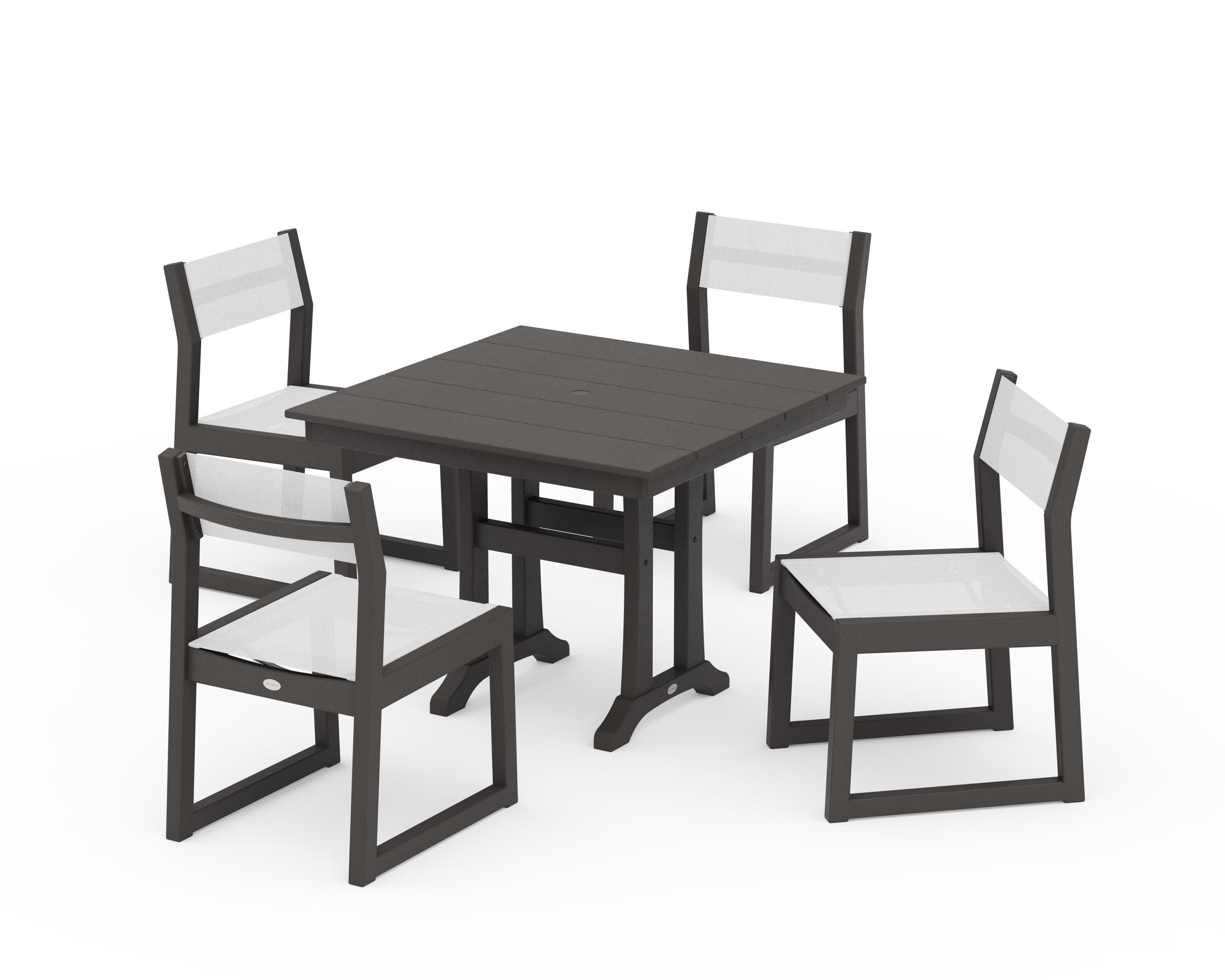 POLYWOOD EDGE Sling 5-Piece Farmhouse Trestle Side Chair Dining Set in Vintage Coffee / White Sling