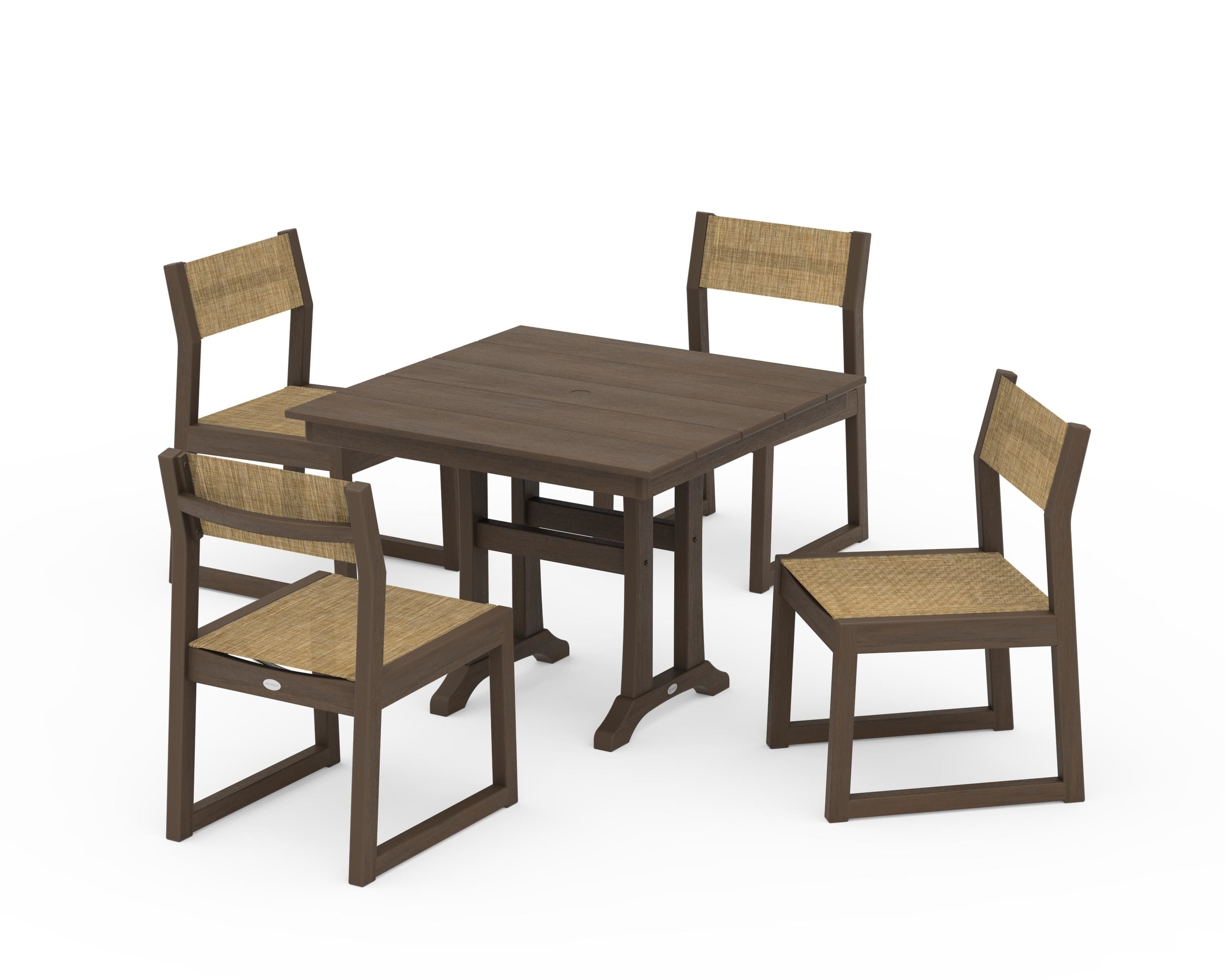 POLYWOOD EDGE Sling 5-Piece Farmhouse Trestle Side Chair Dining Set in Kona / Burlap Sling
