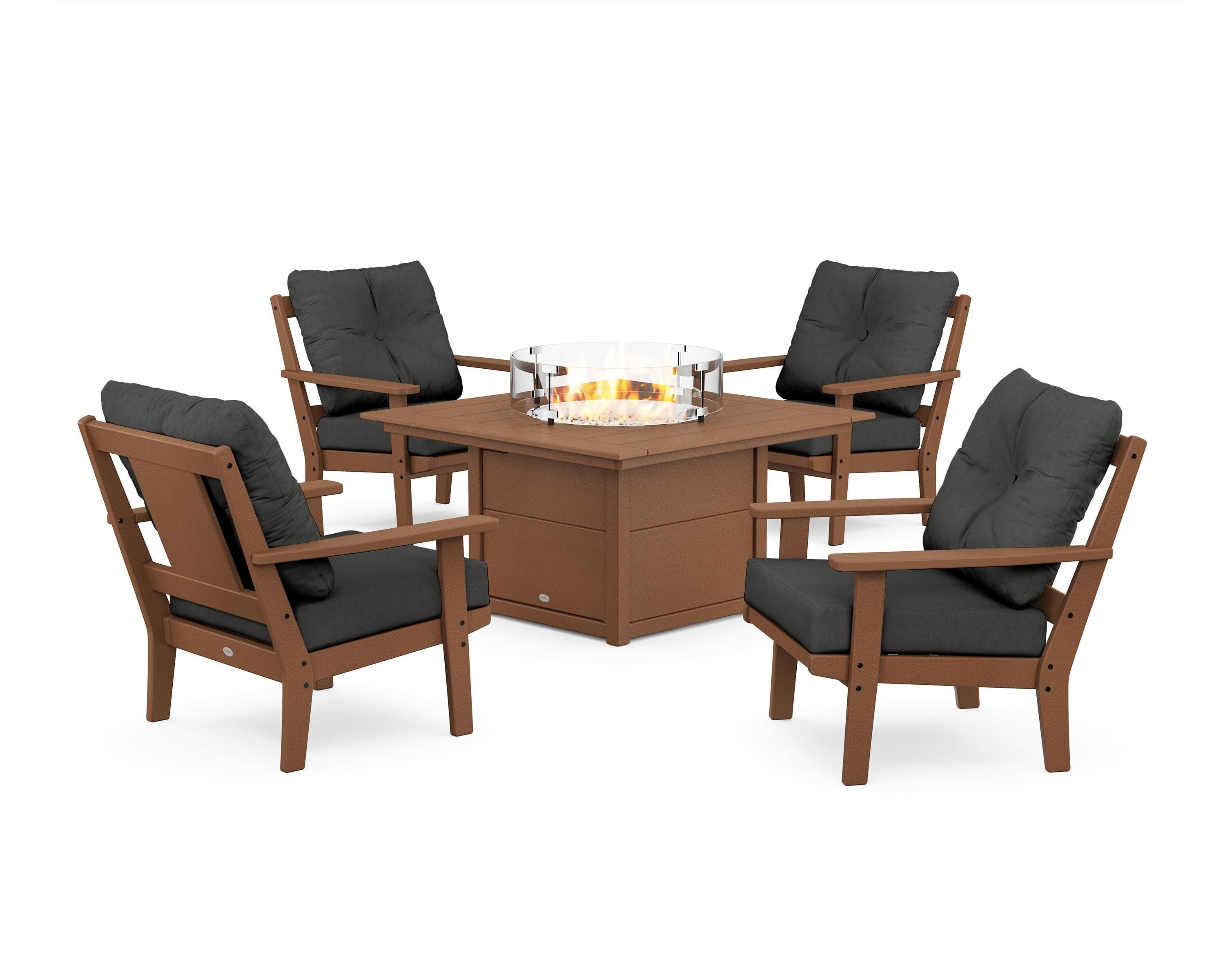 POLYWOOD Prairie 5-Piece Deep Seating Set with Fire Pit Table in Teak / Spectrum Carbon