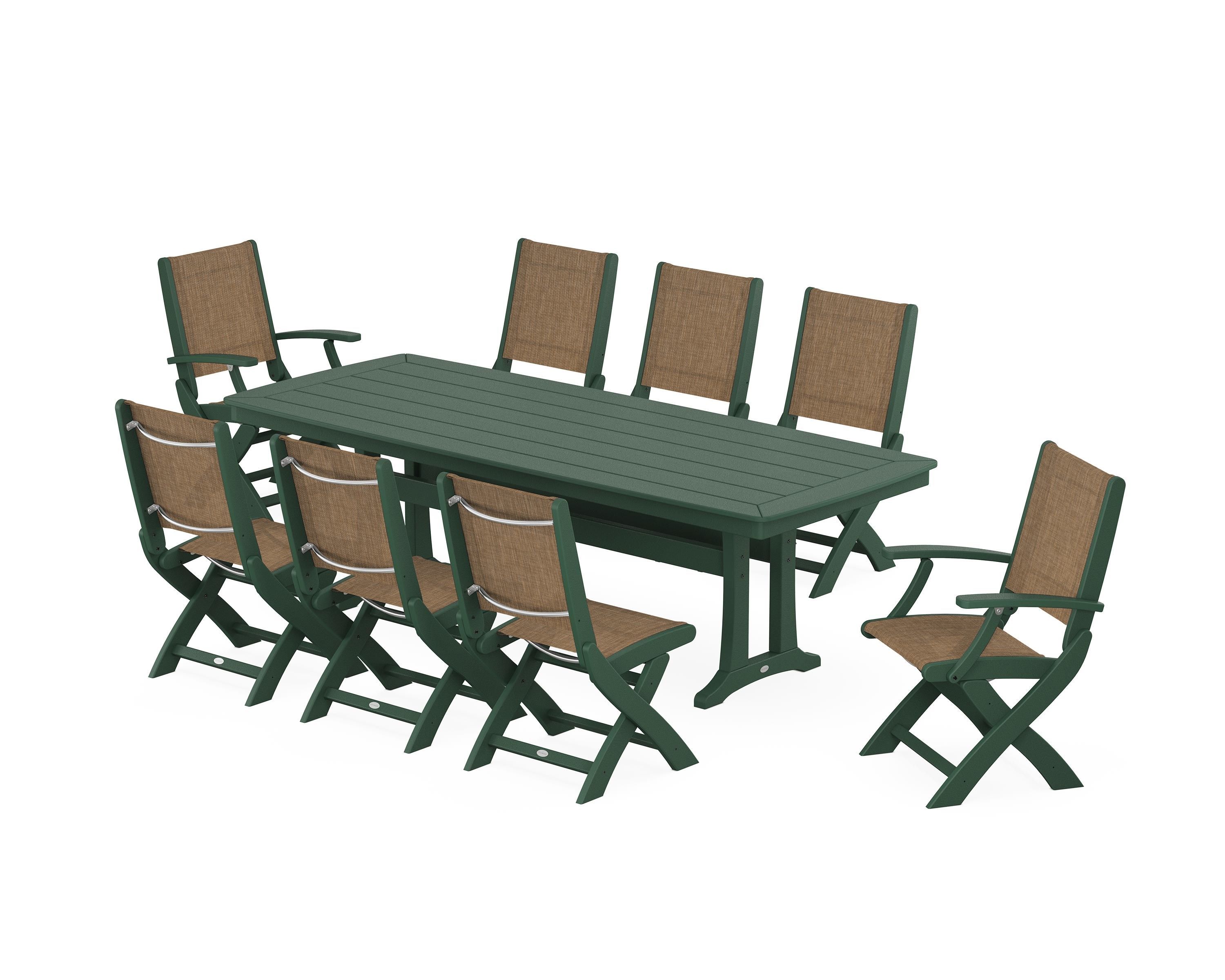 POLYWOOD Coastal Folding 9-Piece Dining Set with Trestle Legs in Green / Burlap Sling
