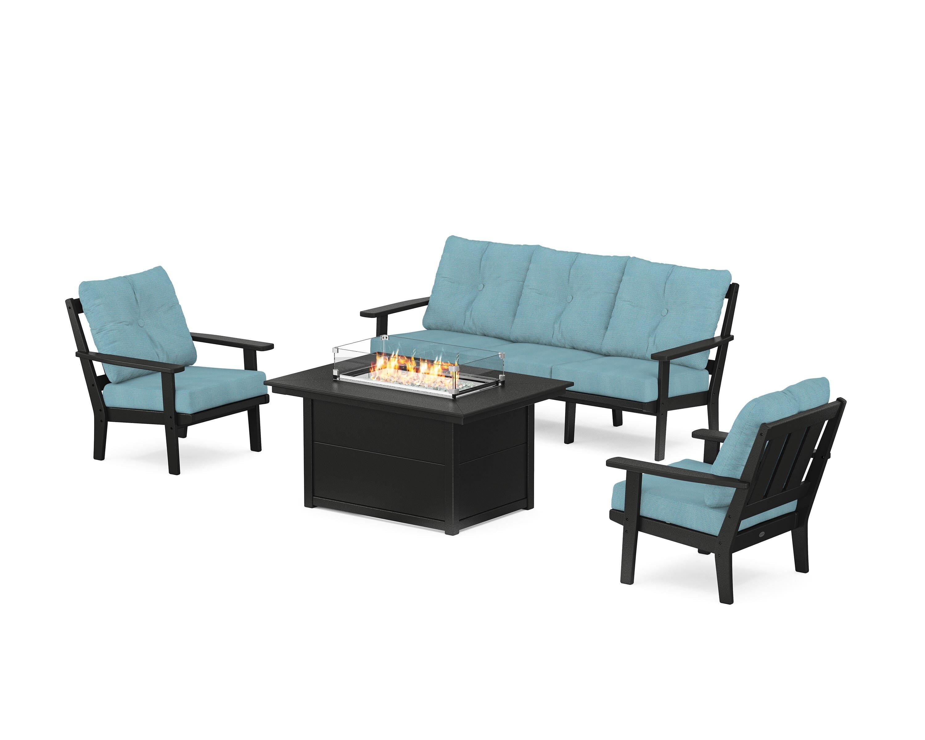 POLYWOOD Oxford Deep Seating Fire Pit Table Set in Black / Lattice Sky Blue