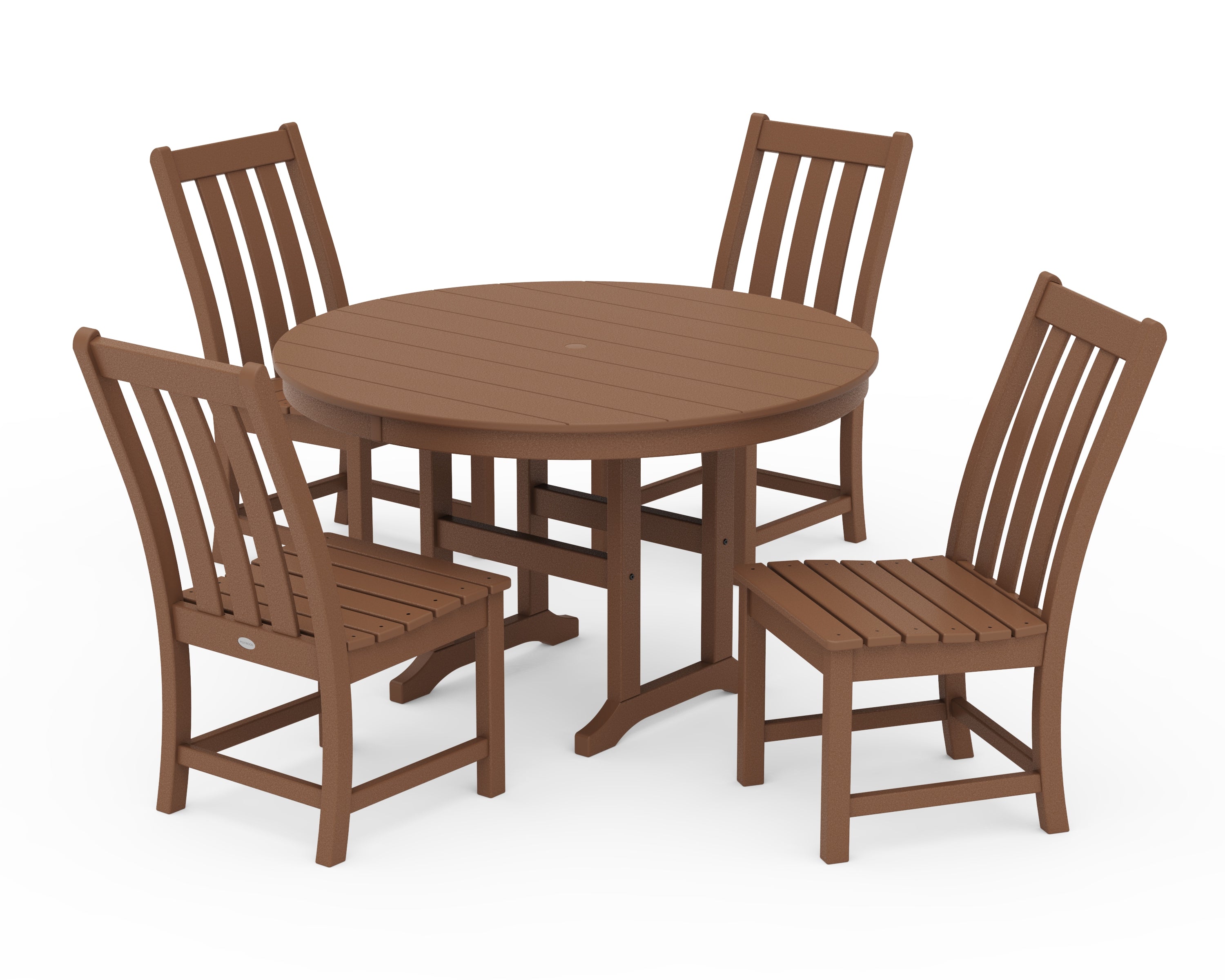 POLYWOOD Vineyard 5-Piece Round Farmhouse Side Chair Dining Set in Teak