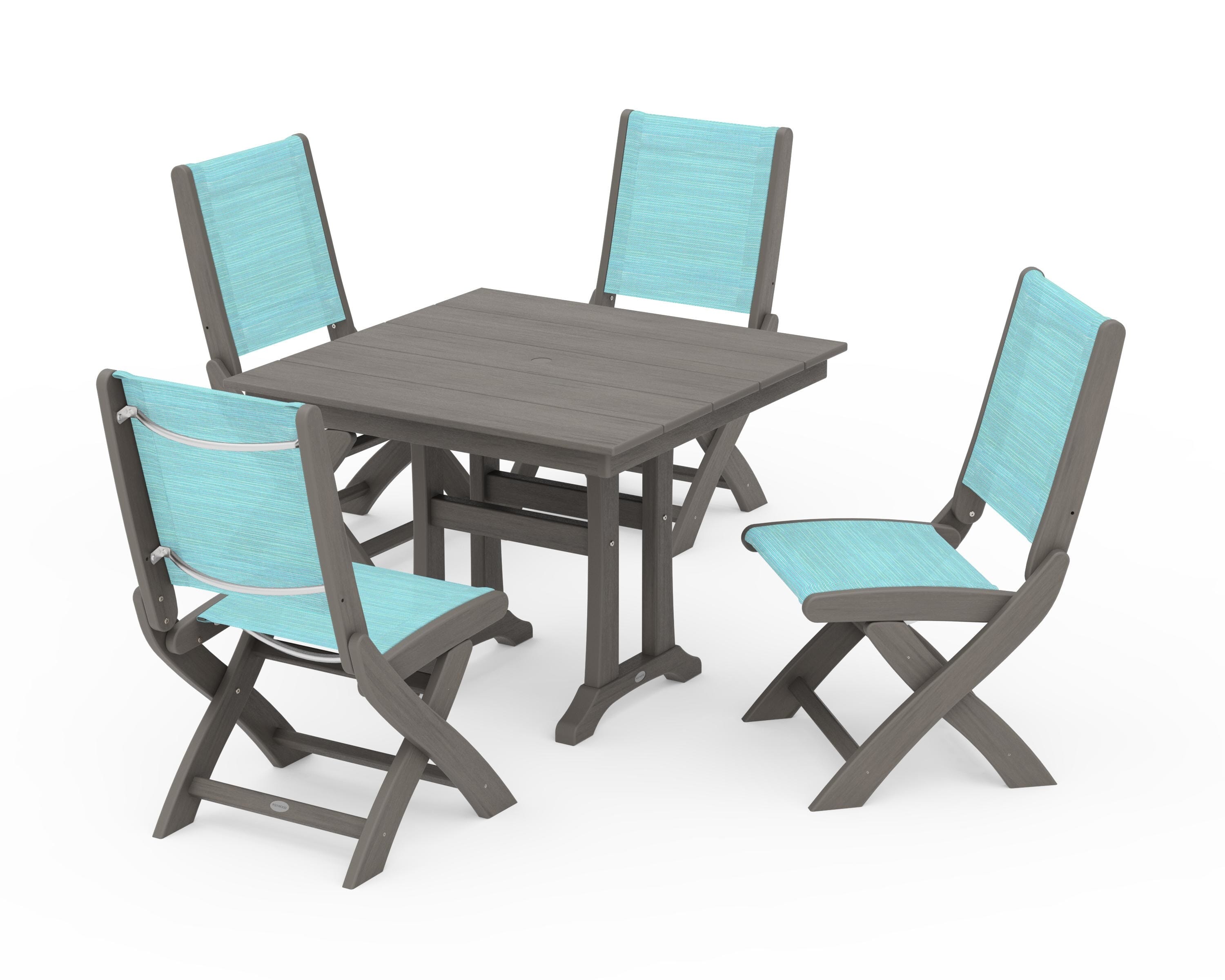 POLYWOOD Coastal Folding Side Chair 5-Piece Farmhouse Dining Set With Trestle Legs in Driftwood / Dupioni Aquamarine Sling