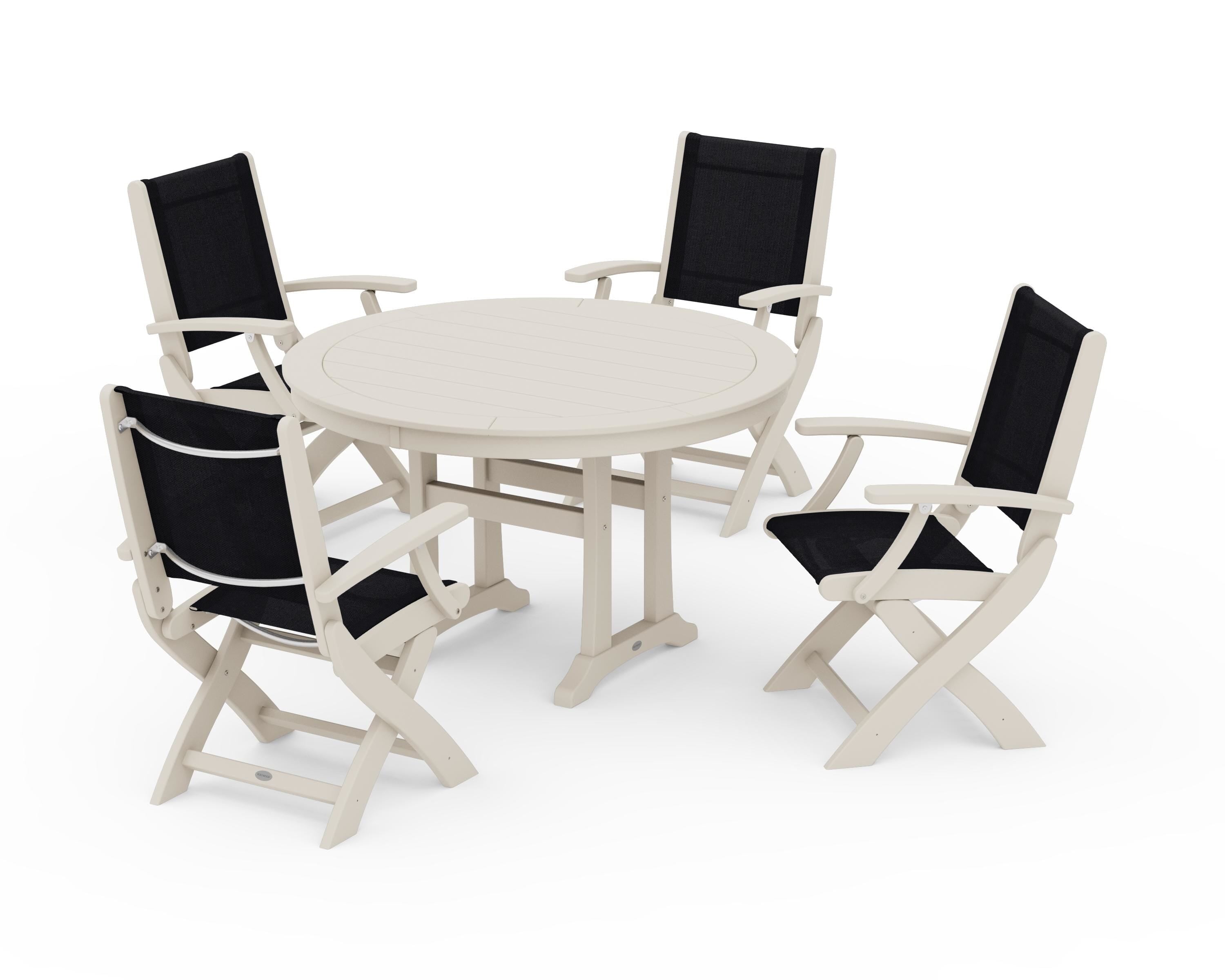 POLYWOOD Coastal Folding Chair 5-Piece Round Dining Set with Trestle Legs in Sand / Black Sling