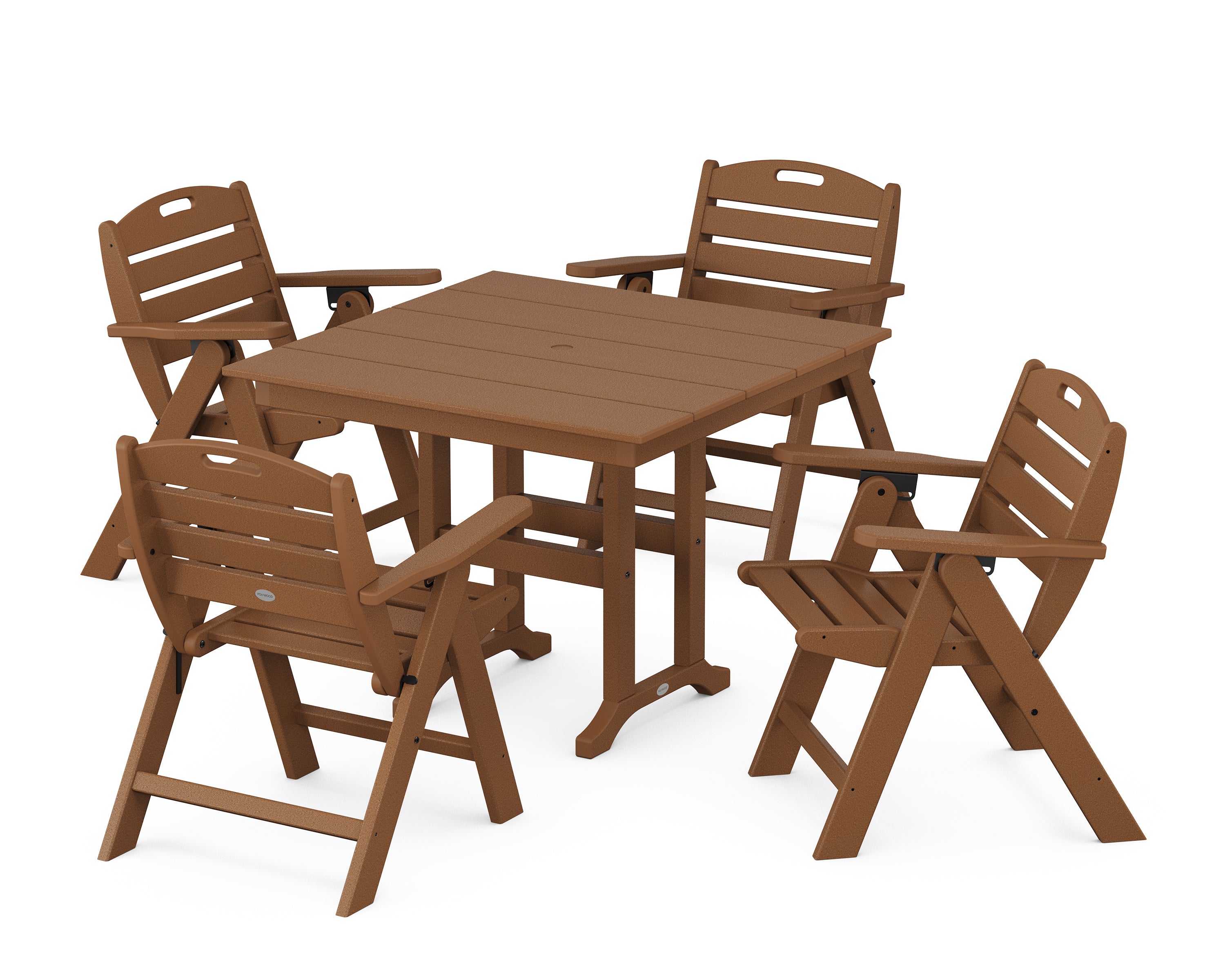 POLYWOOD® Nautical Folding Lowback Chair 5-Piece Farmhouse Dining Set in Teak