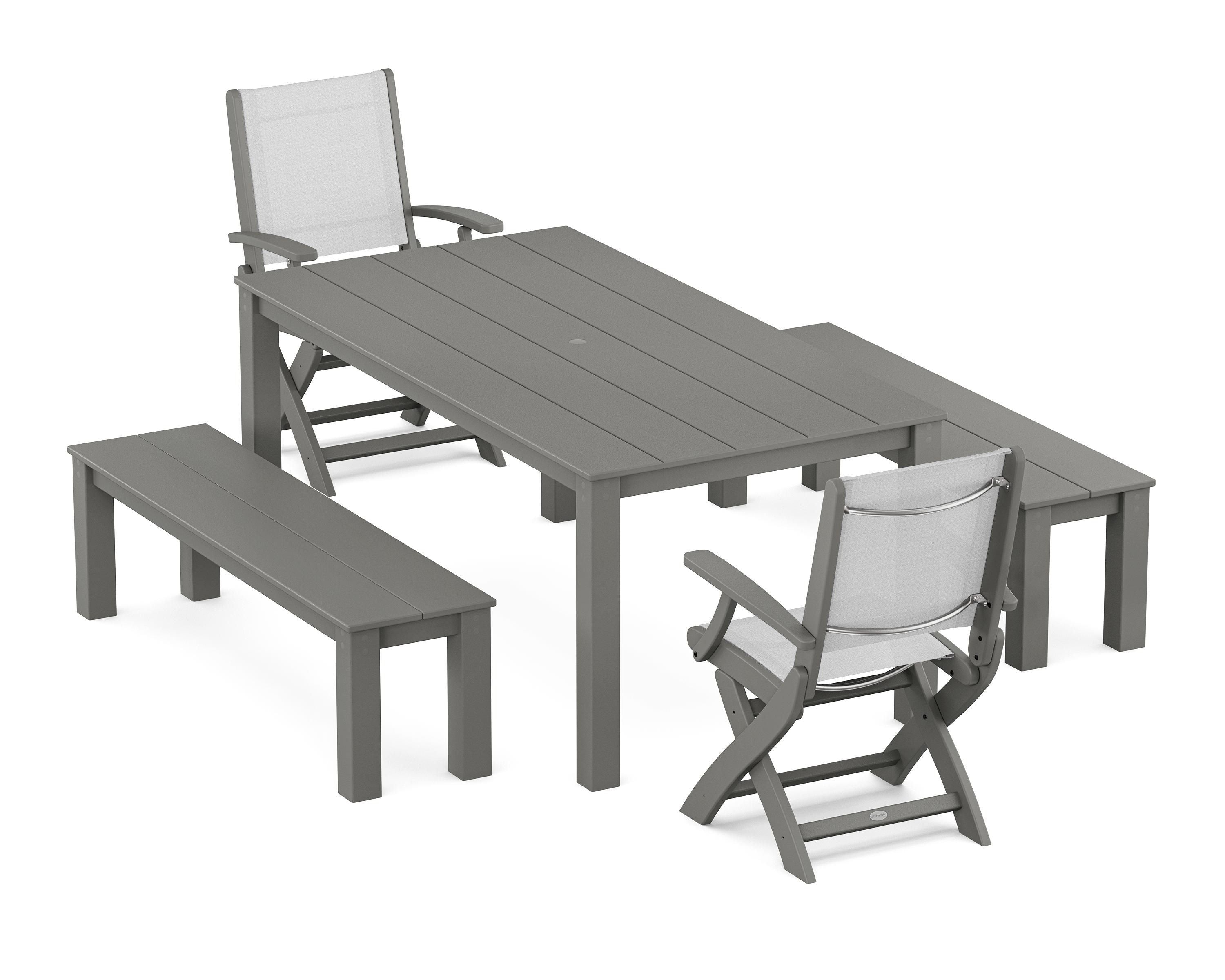 POLYWOOD Coastal Folding Chair 5-Piece Parsons Dining Set with Benches in Slate Grey / White Sling
