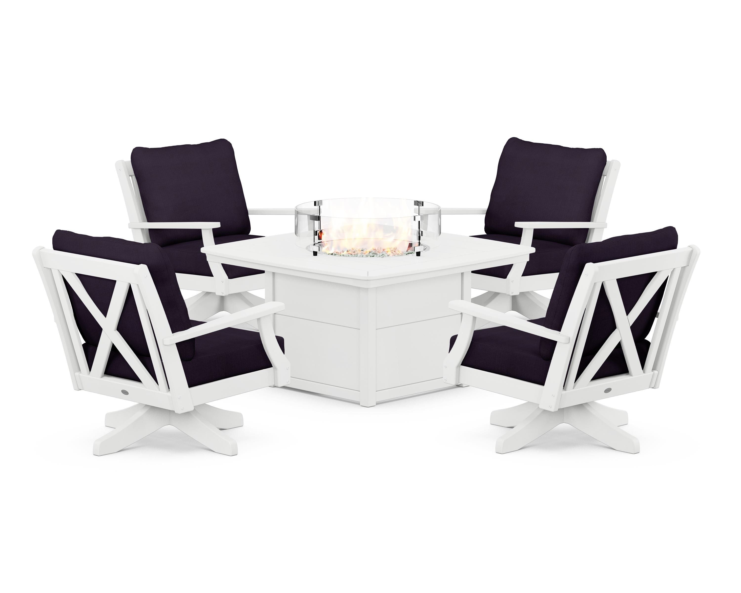 POLYWOOD Braxton 5-Piece Deep Seating Swivel Conversation Set with Fire Pit Table in White / Navy Linen