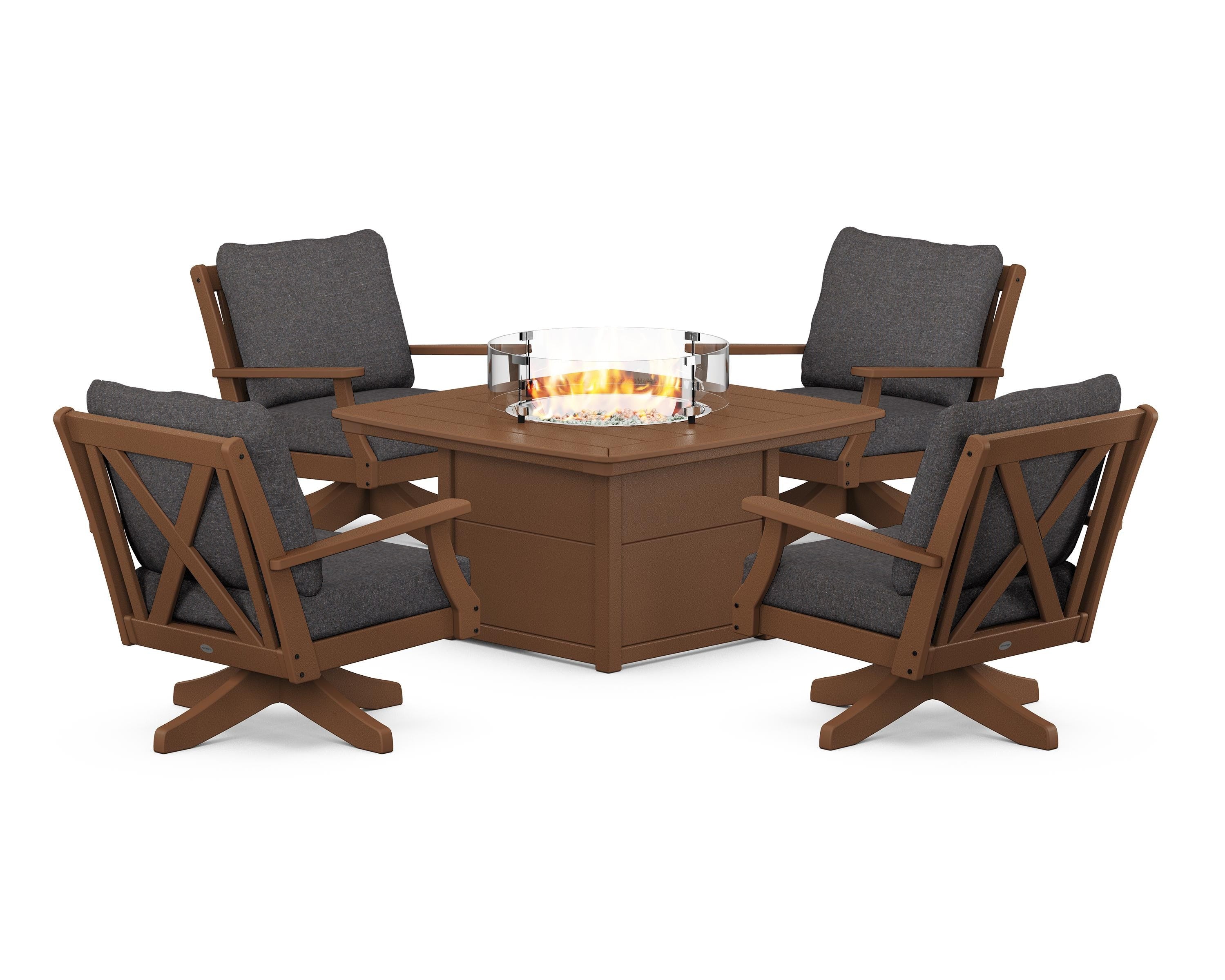 POLYWOOD Braxton 5-Piece Deep Seating Swivel Conversation Set with Fire Pit Table in Teak / Ash Charcoal