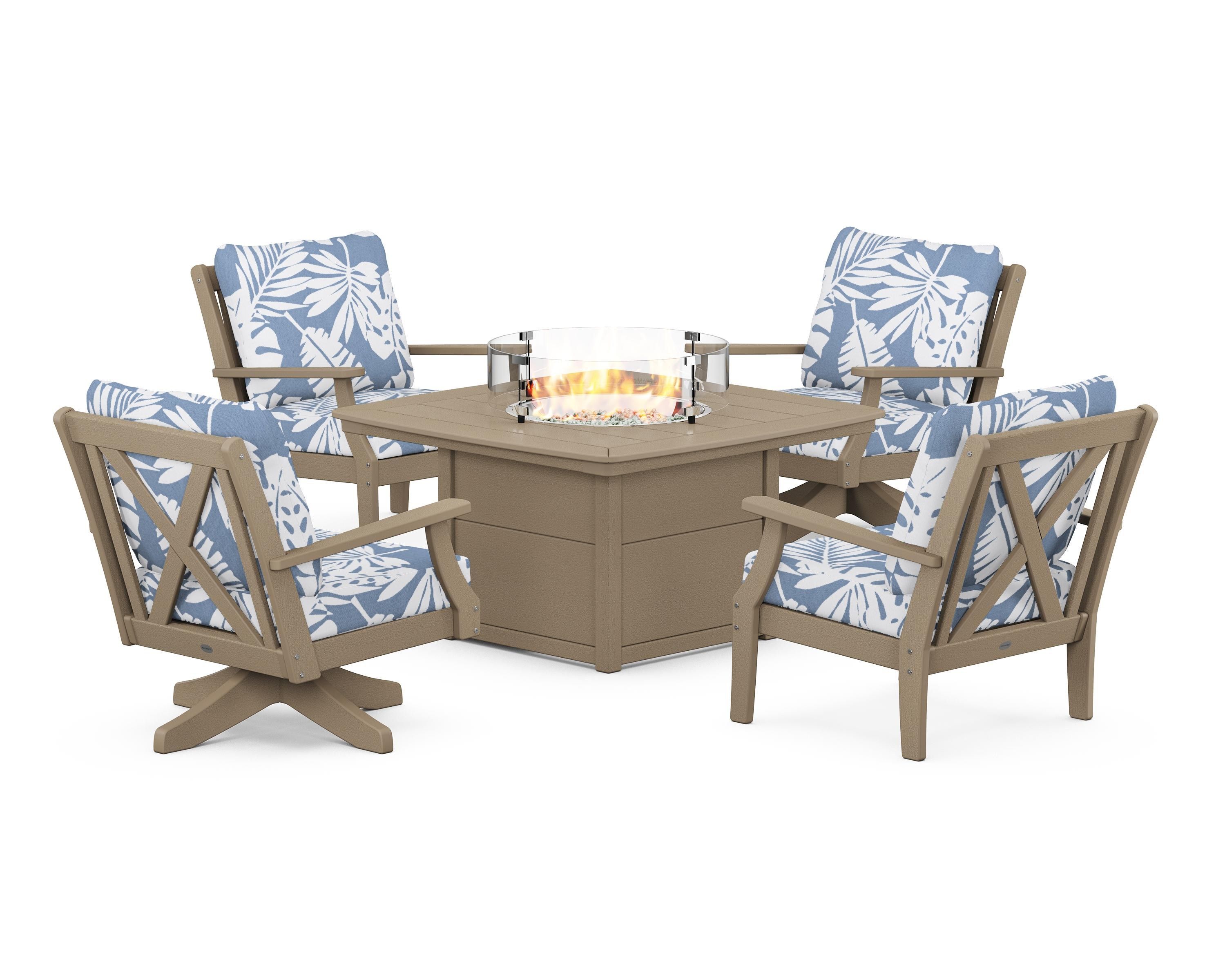 POLYWOOD Braxton 5-Piece Deep Seating Set with Fire Table in Vintage Sahara / Leaf Sky Blue
