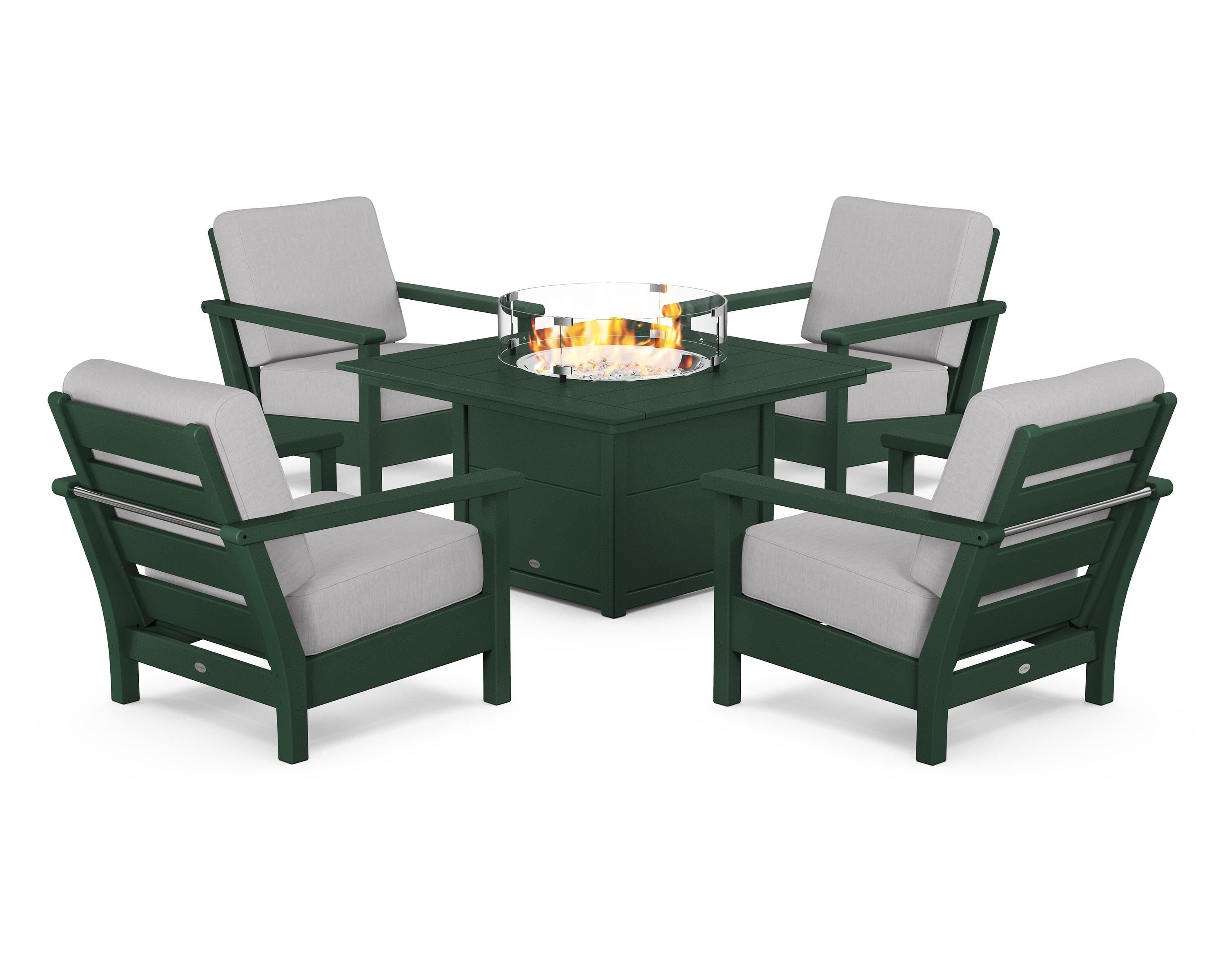 POLYWOOD Harbour 5-Piece Conversation Set with Fire Pit Table in Green / Granite