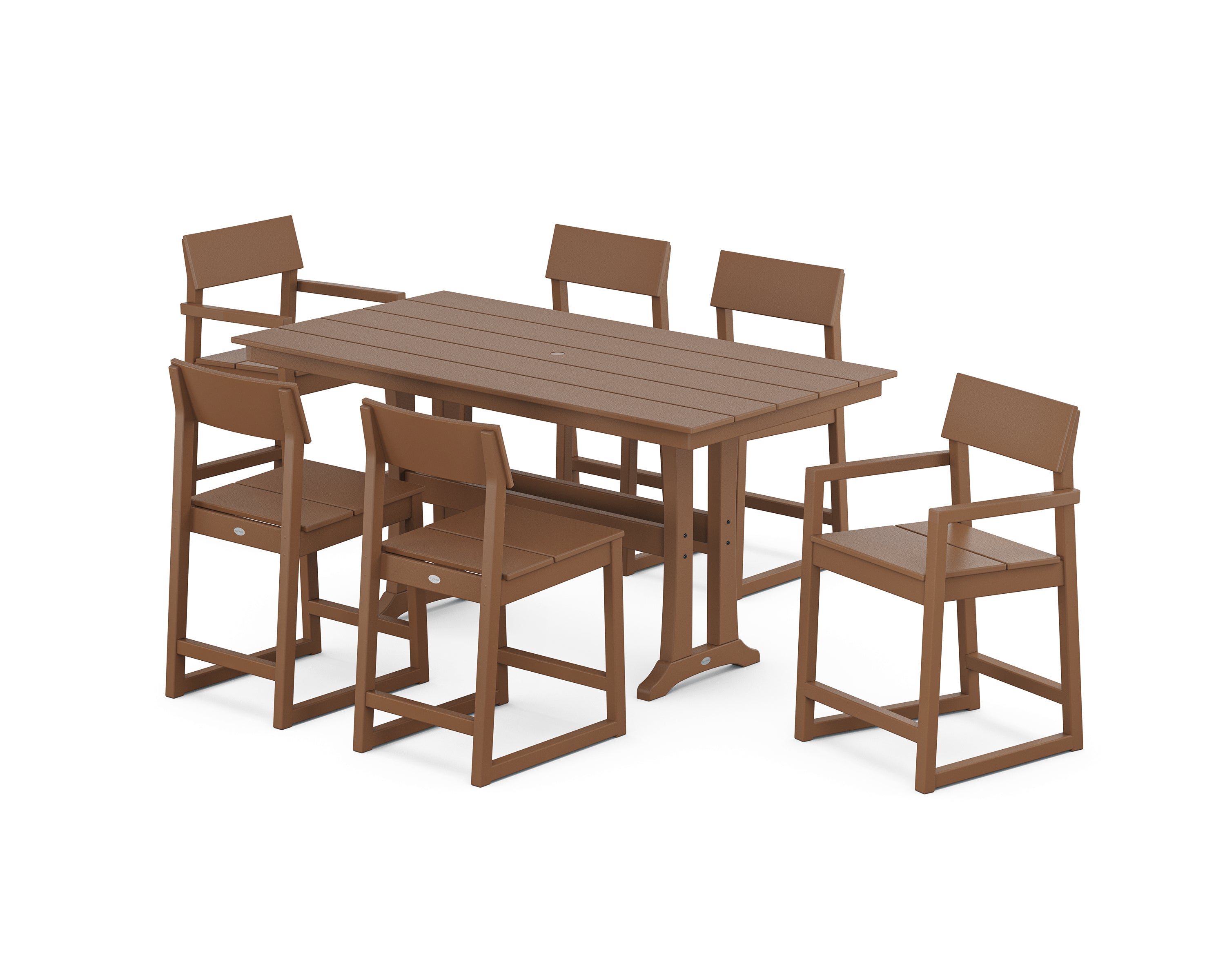 POLYWOOD EDGE 7-Piece Farmhouse Counter Set with Trestle Legs in Teak