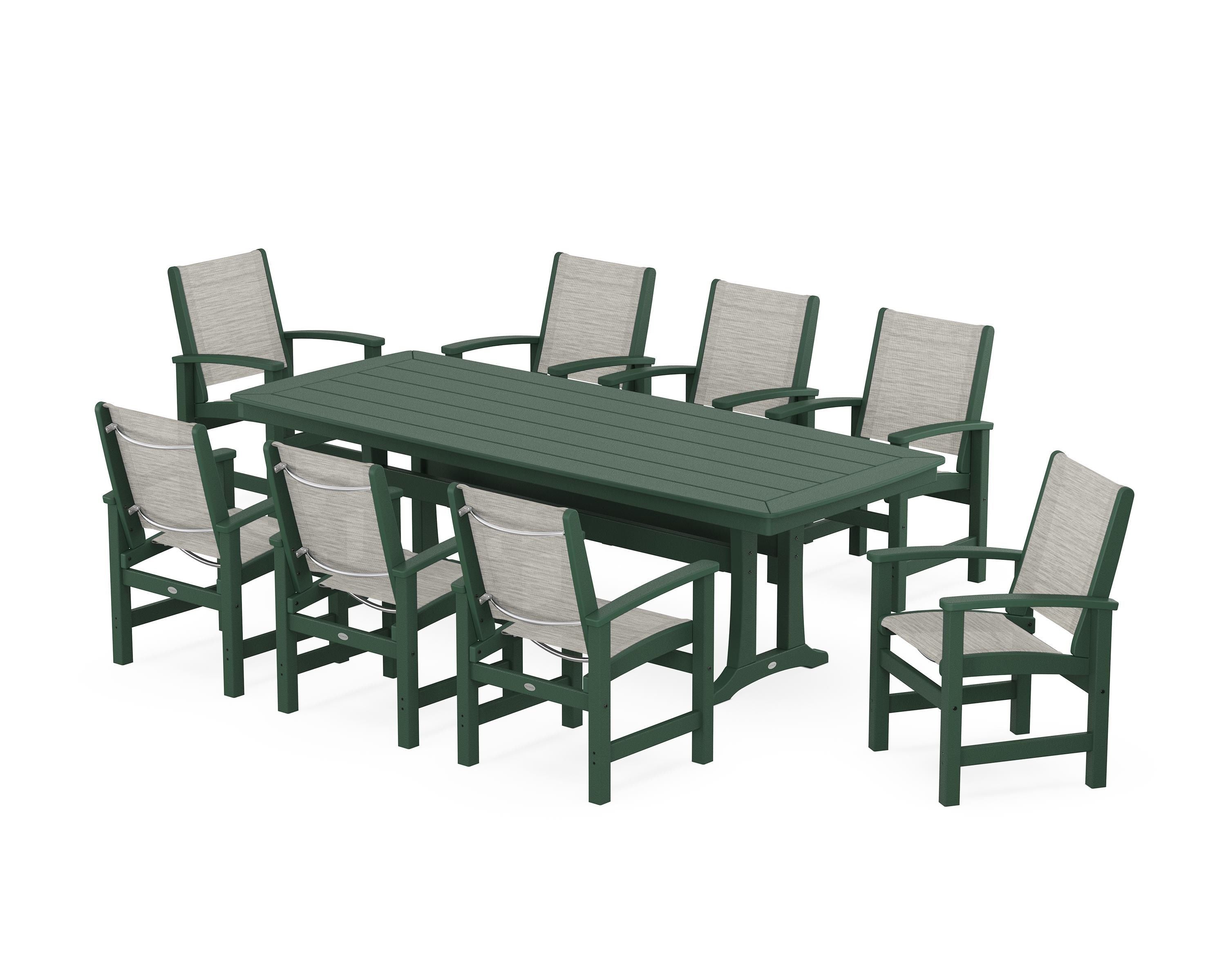 POLYWOOD Coastal 9-Piece Dining Set with Trestle Legs in Green / Birch Sling