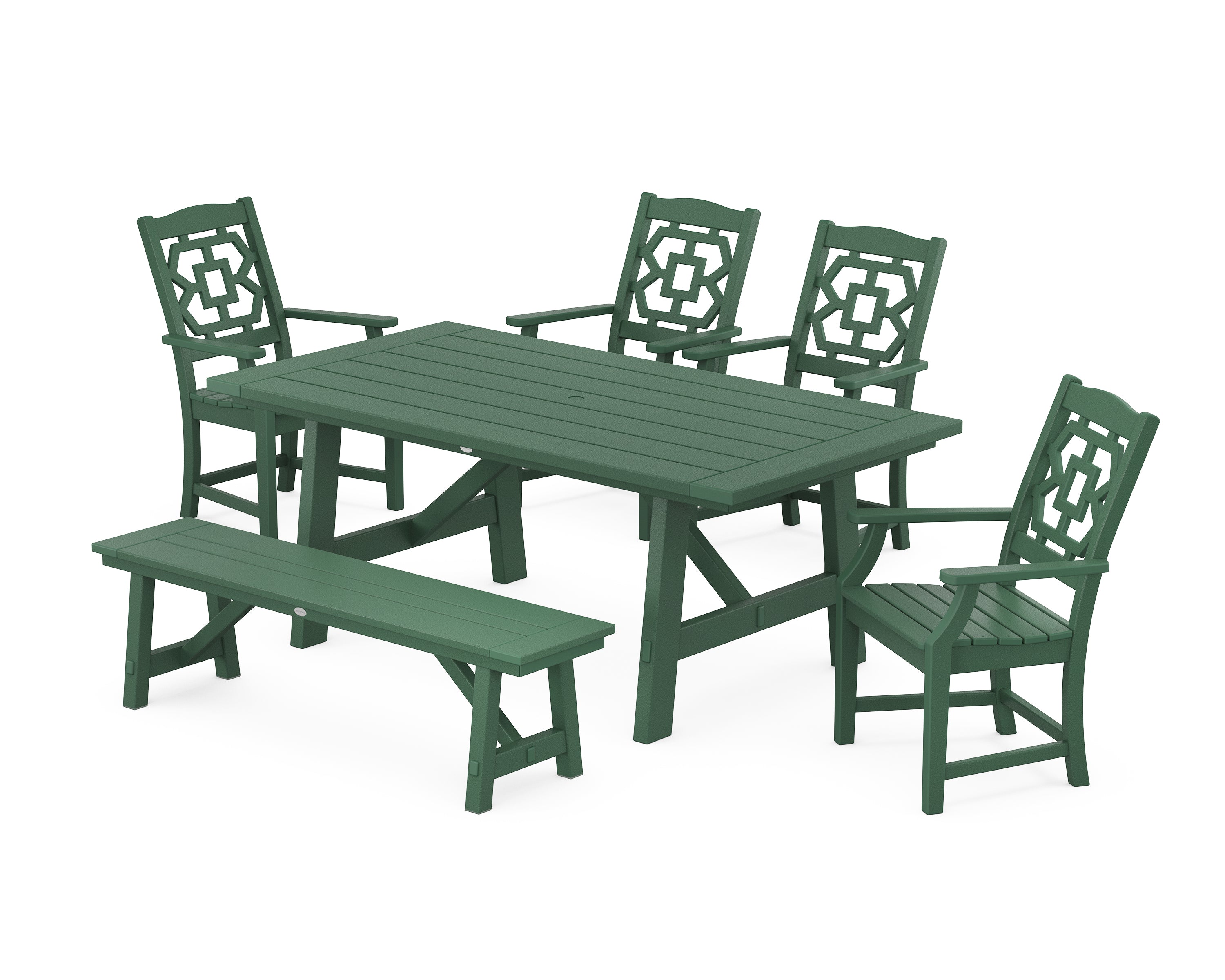Martha Stewart by POLYWOOD® Chinoiserie 6-Piece Rustic Farmhouse Dining Set with Bench in Green