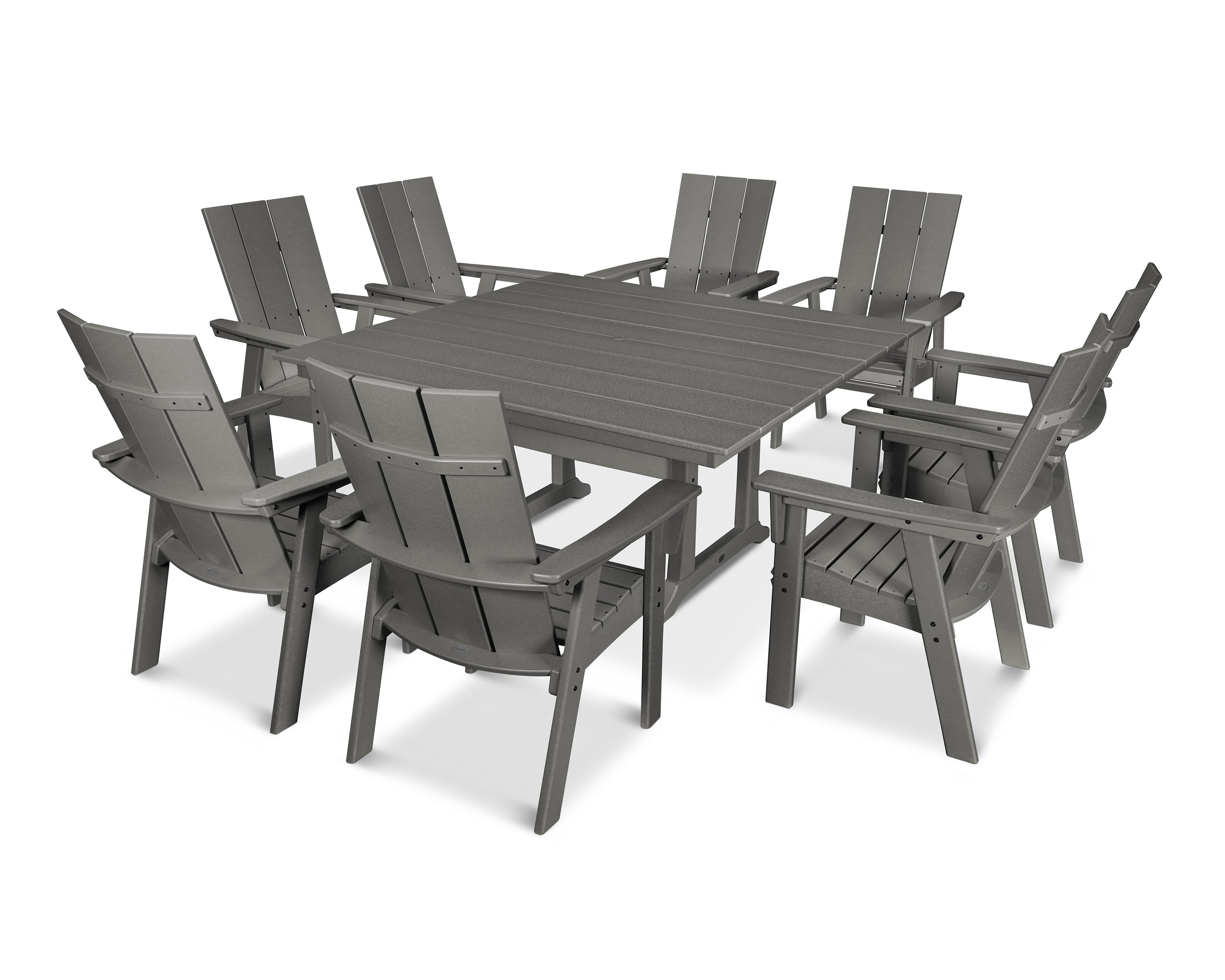 POLYWOOD® Modern Curveback Adirondack 9-Piece Farmhouse Trestle Dining Set in Slate Grey