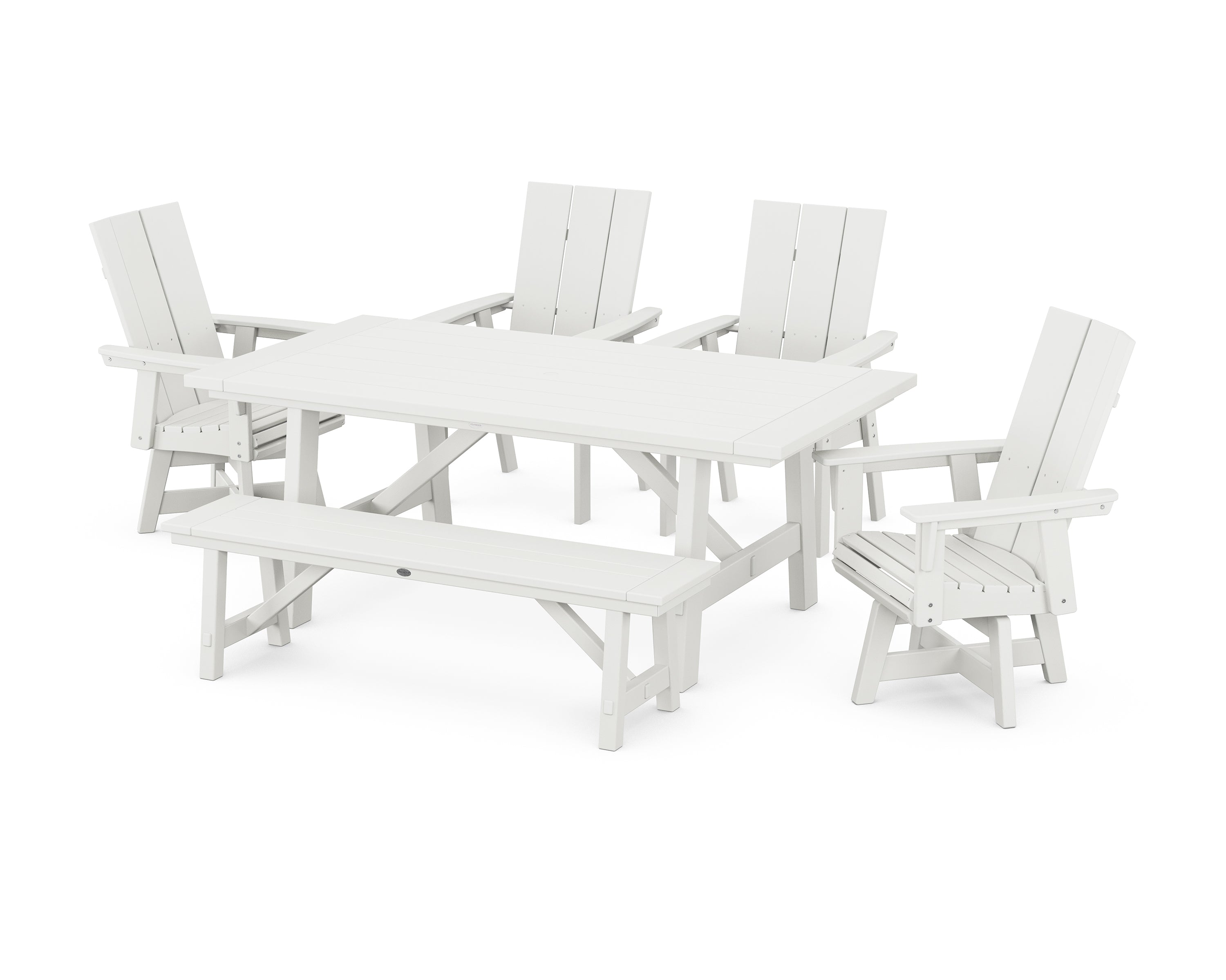 POLYWOOD Modern Curveback Adirondack Swivel Chair 6-Piece Rustic Farmhouse Dining Set with Bench in Vintage White
