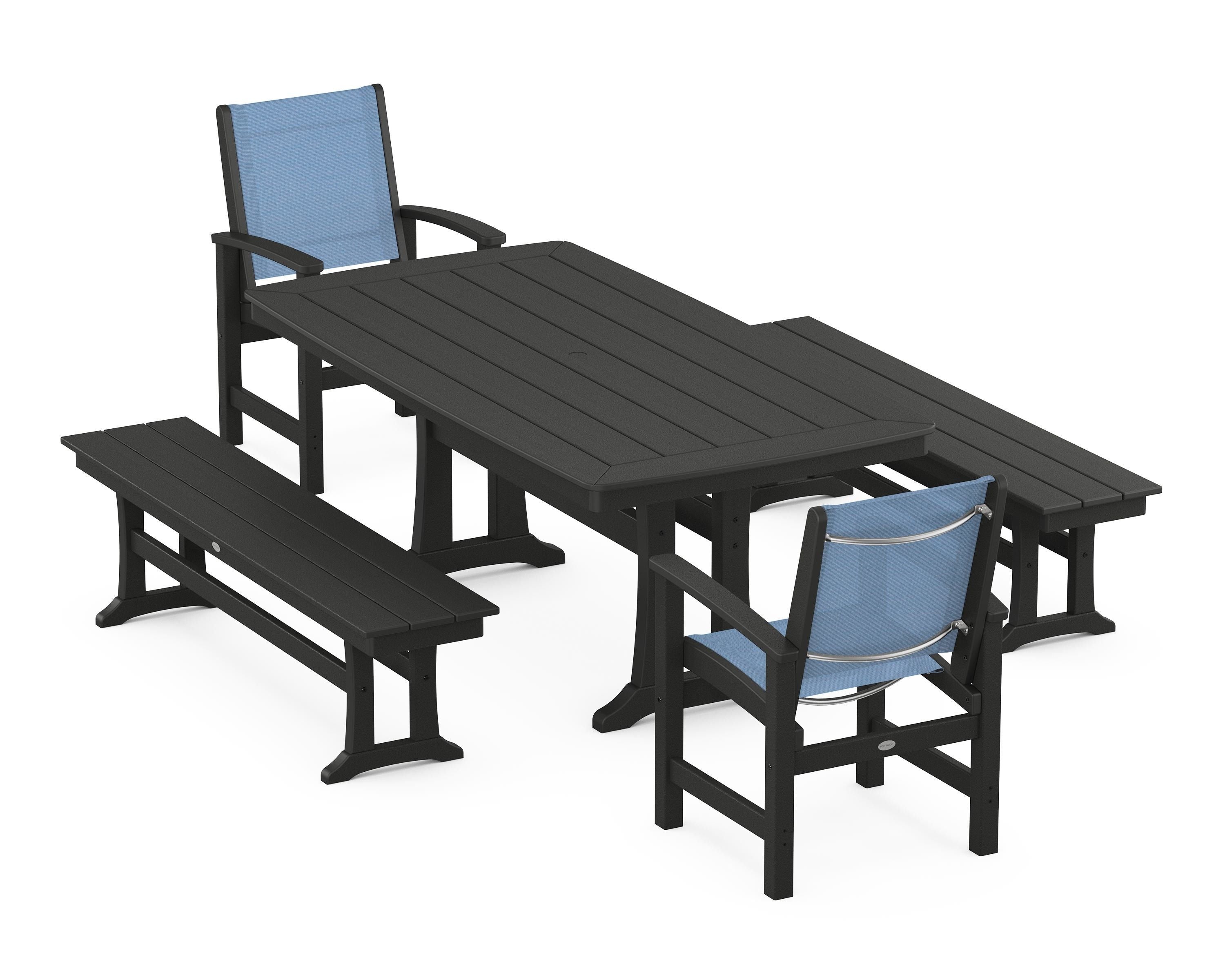POLYWOOD Coastal 5-Piece Dining Set with Trestle Legs and Benches in Black / Poolside Sling