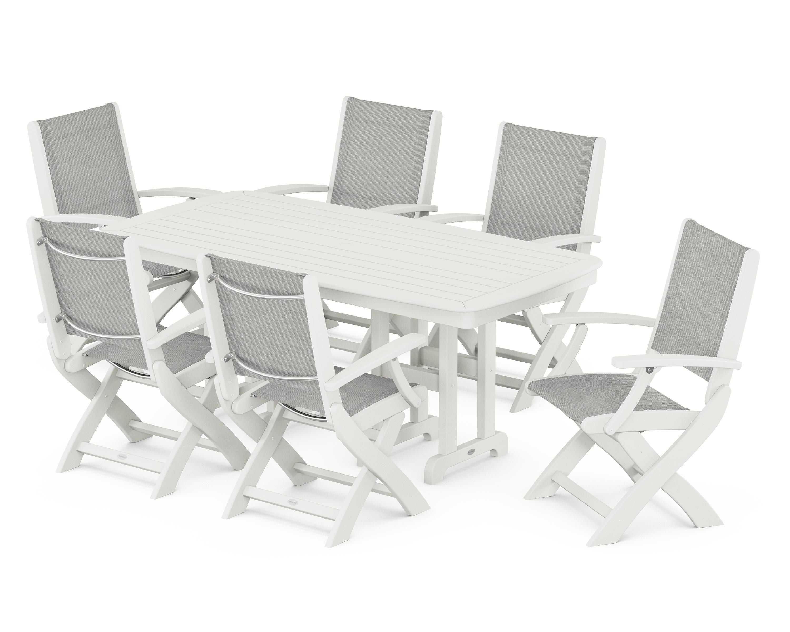 POLYWOOD Coastal Folding Arm Chair 7-Piece Dining Set in Vintage White / Metallic Sling