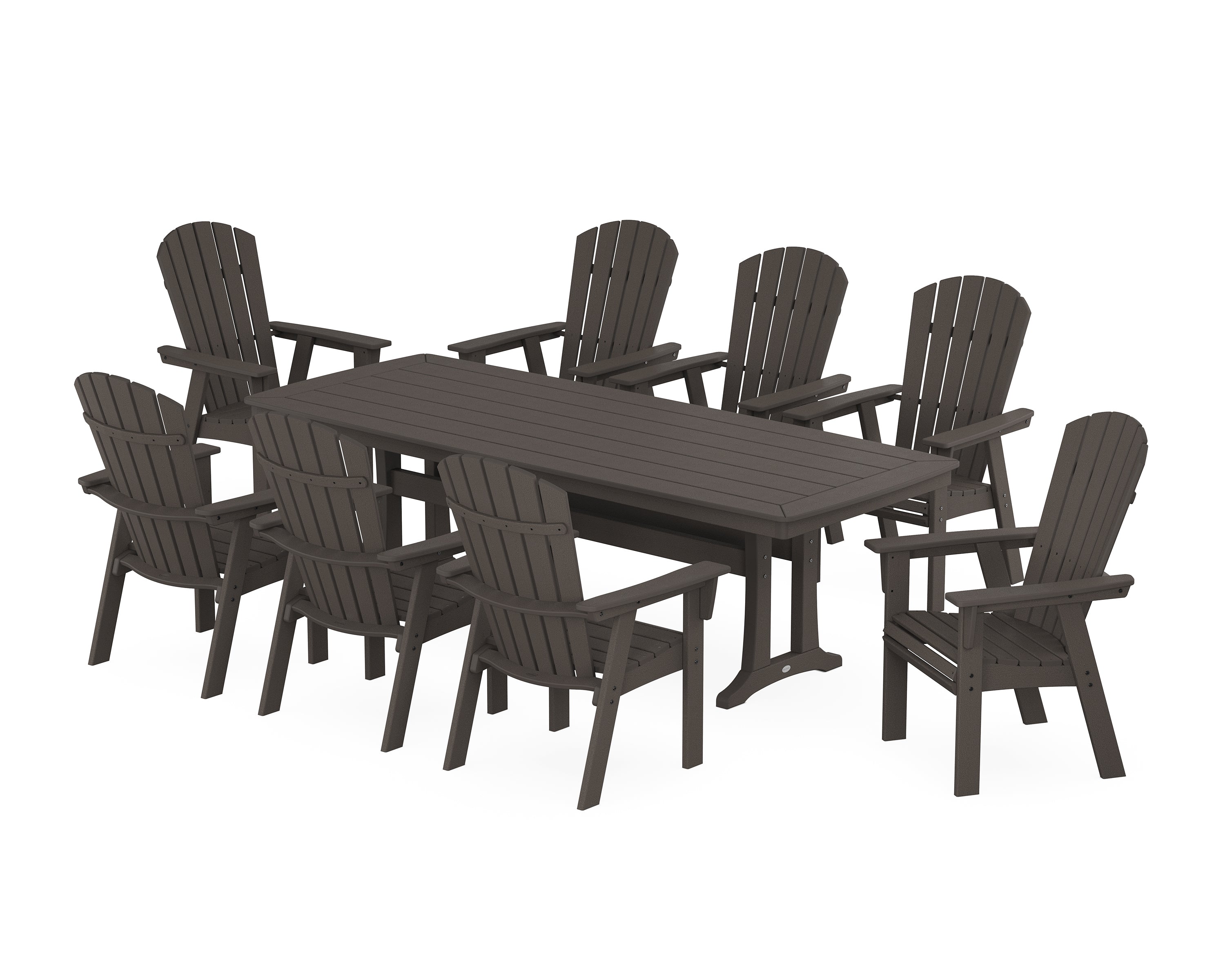 POLYWOOD Nautical Curveback Adirondack 9-Piece Dining Set with Trestle Legs in Vintage Coffee