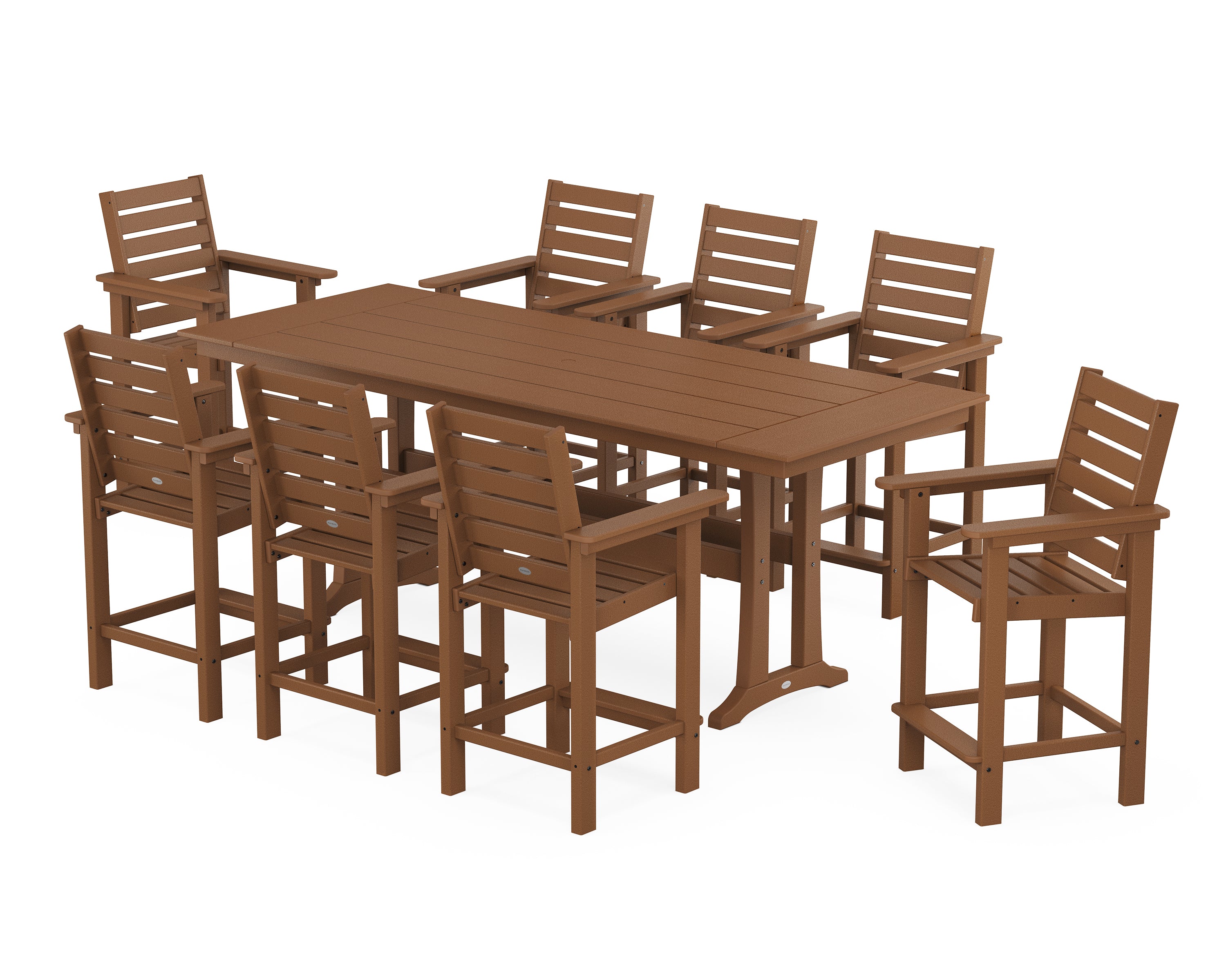 POLYWOOD® Captain 9-Piece Farmhouse Counter Set with Trestle Legs in Teak