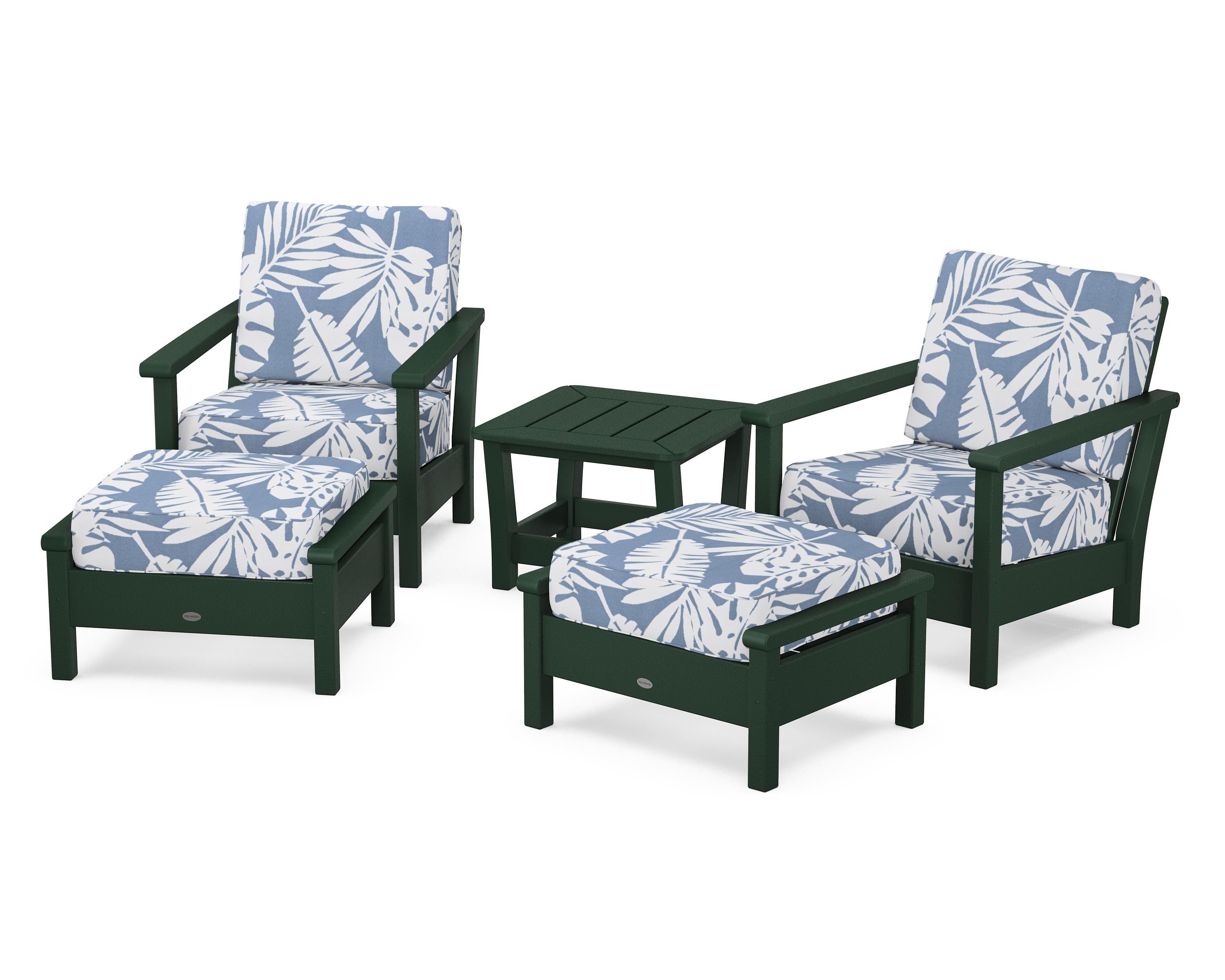 POLYWOOD Harbour 5-Piece Deep Seating Chair Set in Green / Leaf Sky Blue