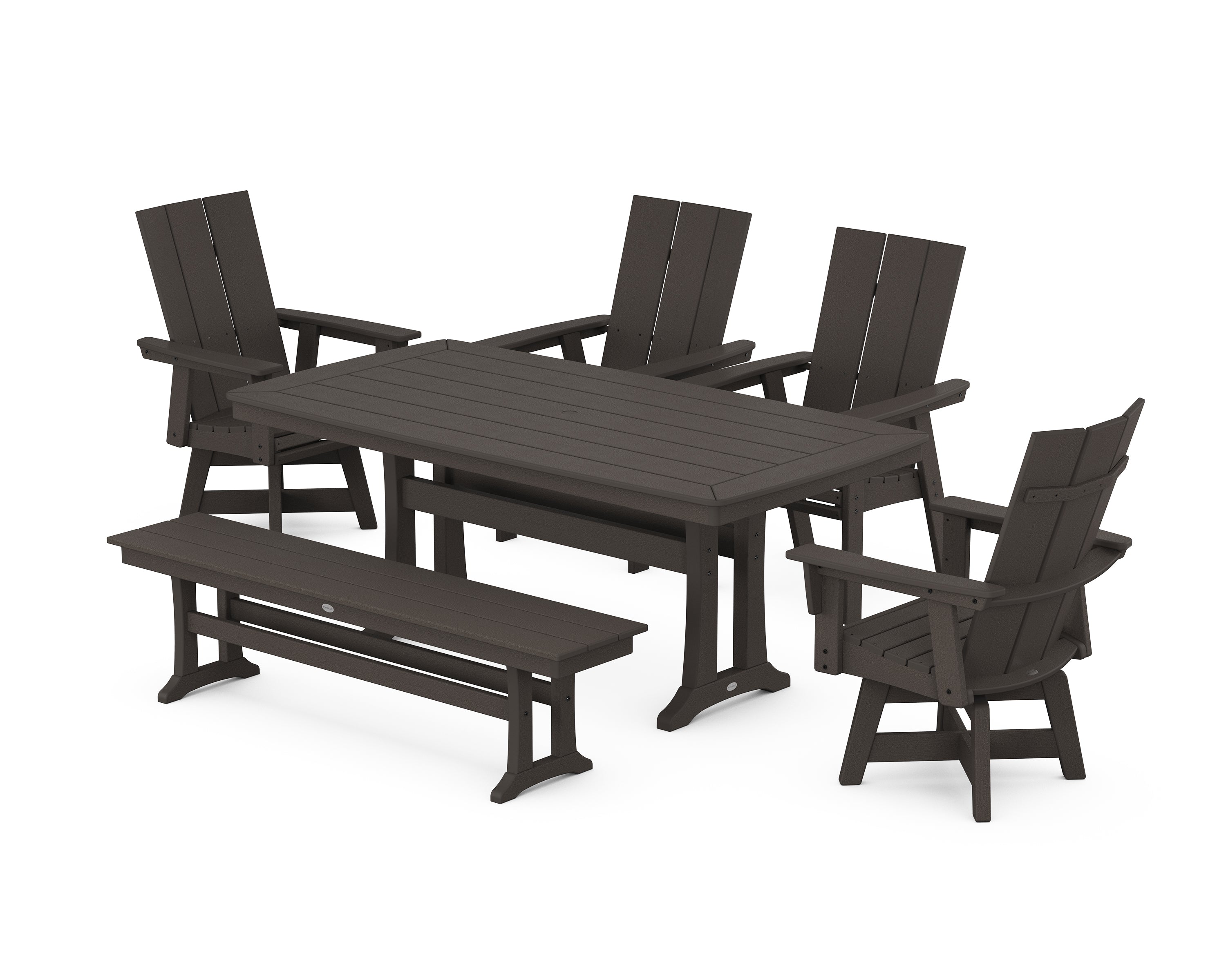 POLYWOOD® Modern Curveback Adirondack Swivel Chair 6-Piece Dining Set with Trestle Legs and Bench in Vintage Coffee