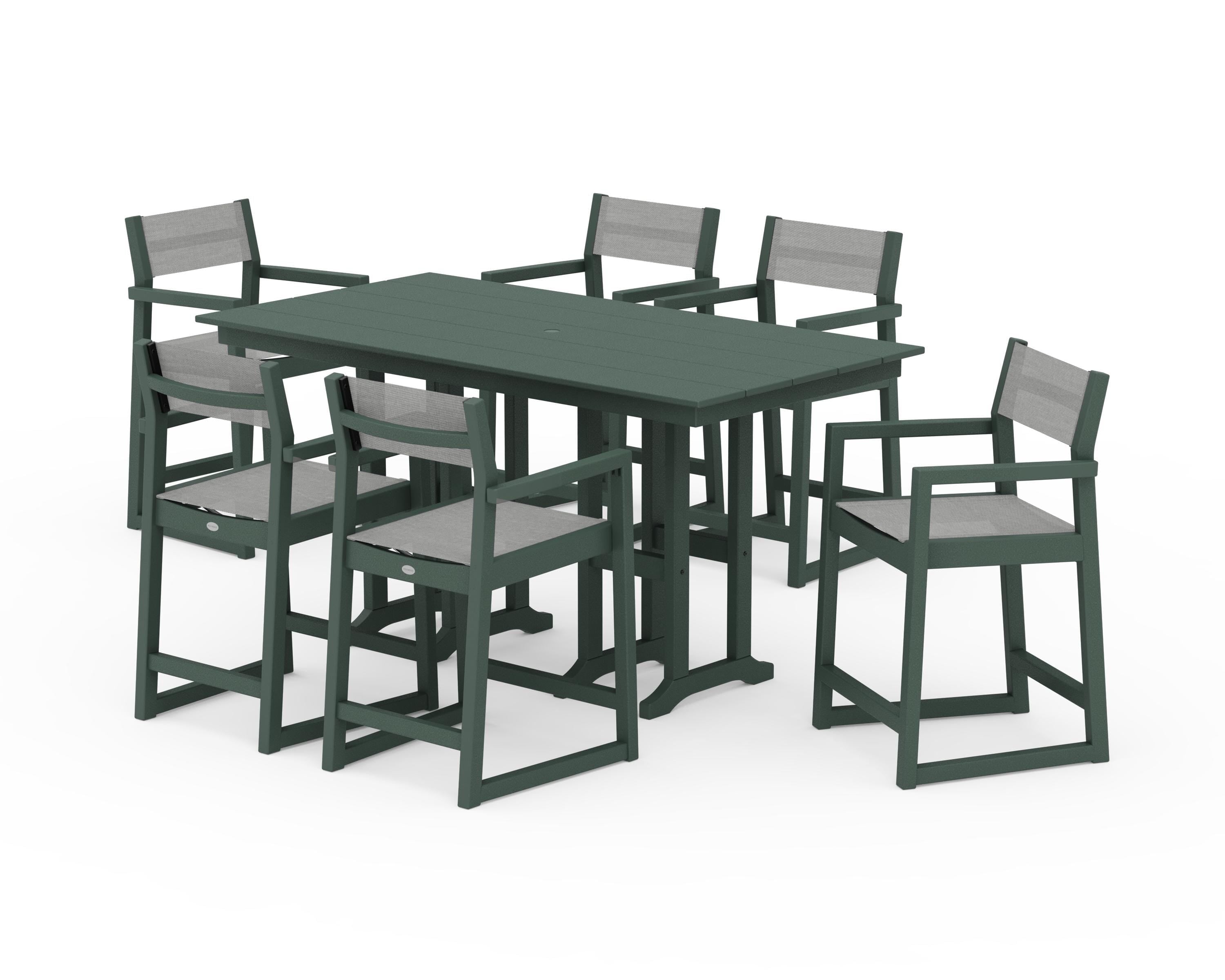 POLYWOOD EDGE Sling Arm Chair 7-Piece Farmhouse Counter Set in Green / Metallic Sling