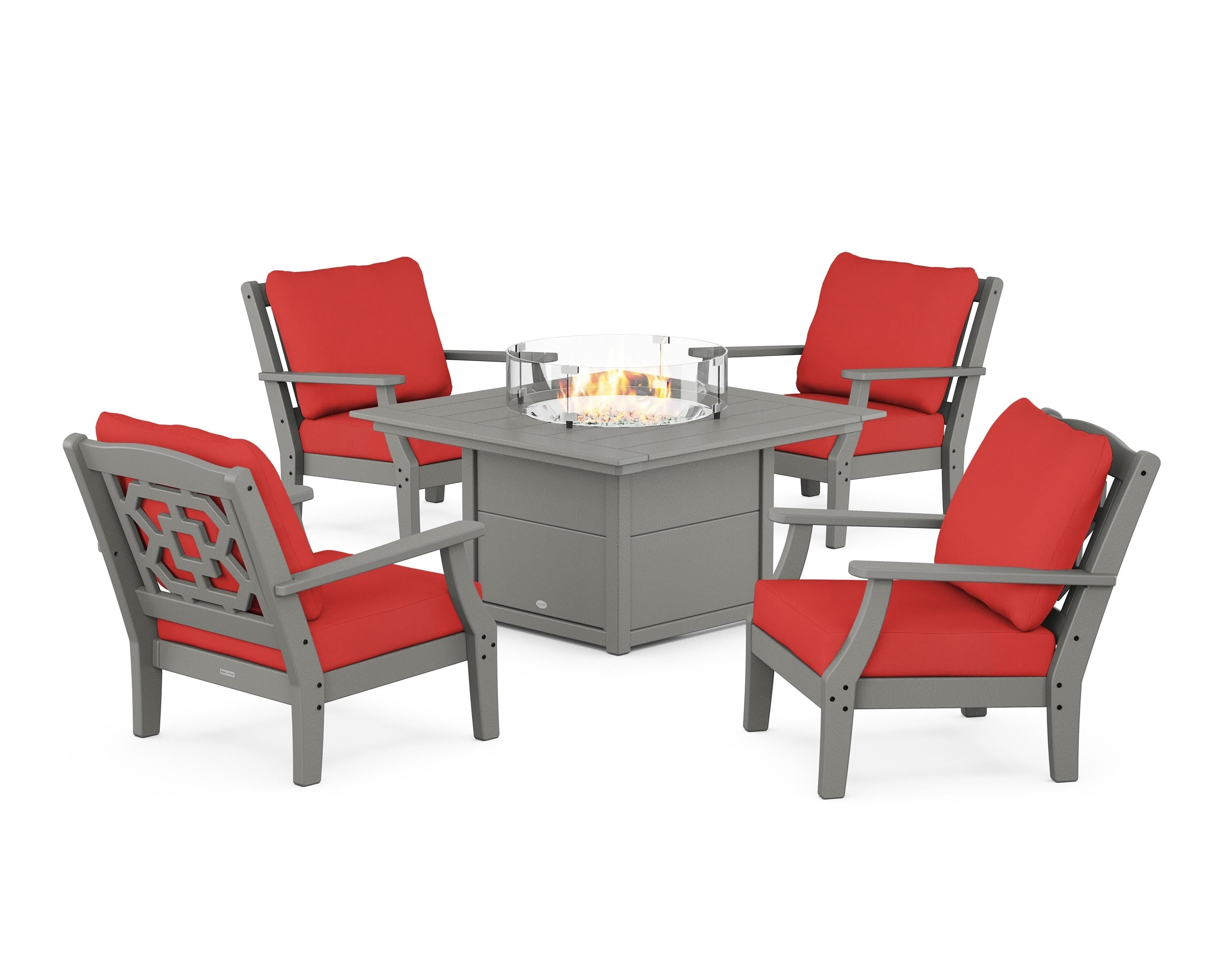 Martha Stewart by POLYWOOD Chinoiserie 5-Piece Deep Seating Set with Fire Pit Table in Slate Grey / Crimson Linen