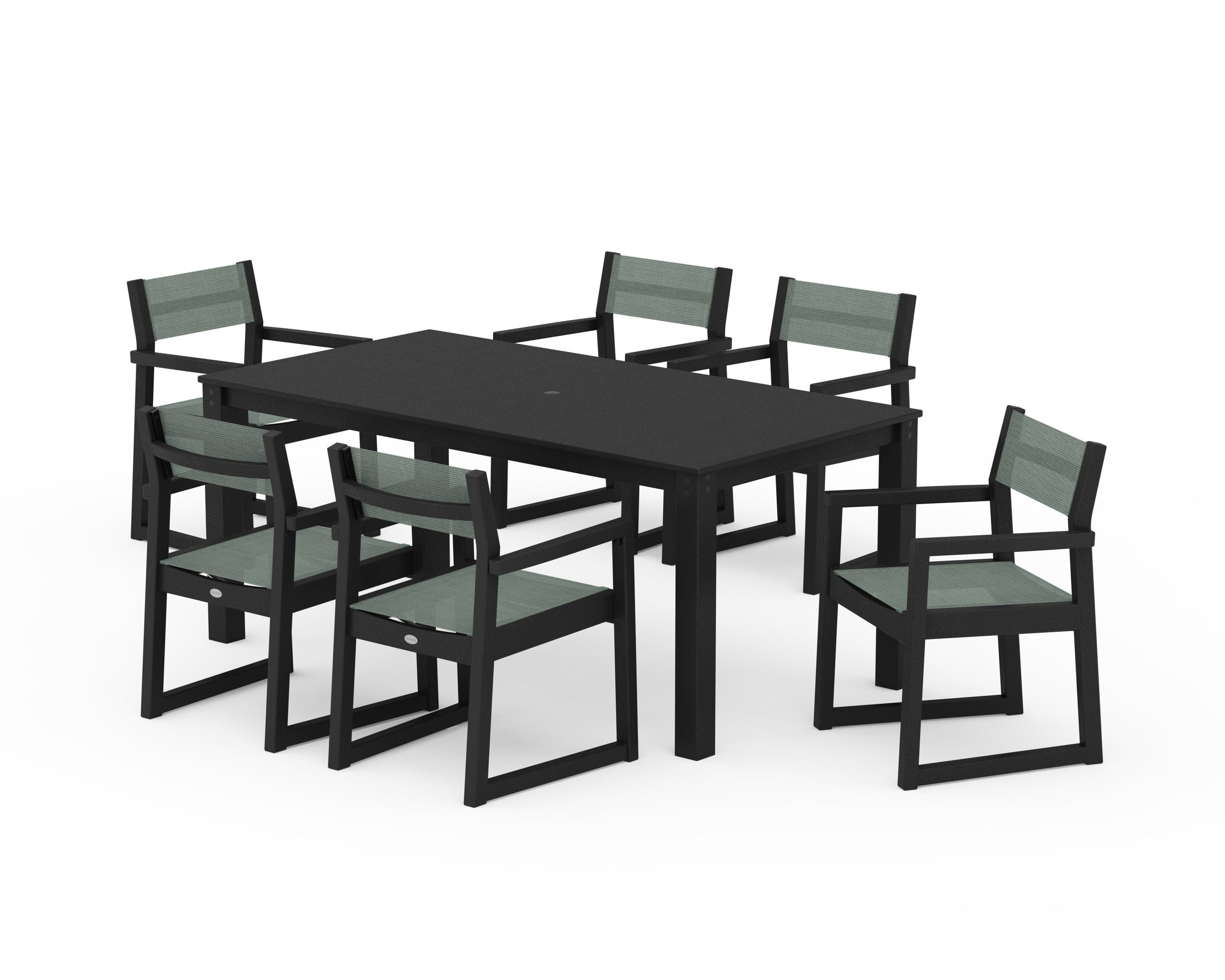 POLYWOOD EDGE Sling Arm Chair 7-Piece Parsons Dining Set in Black / Dupioni Sea Mist Sling