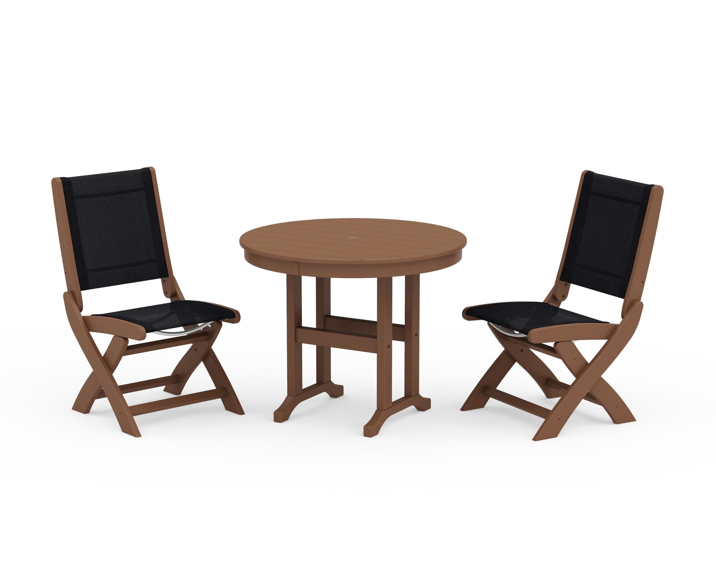 POLYWOOD Coastal Folding Side Chair 3-Piece Round Dining Set in Teak / Black Sling
